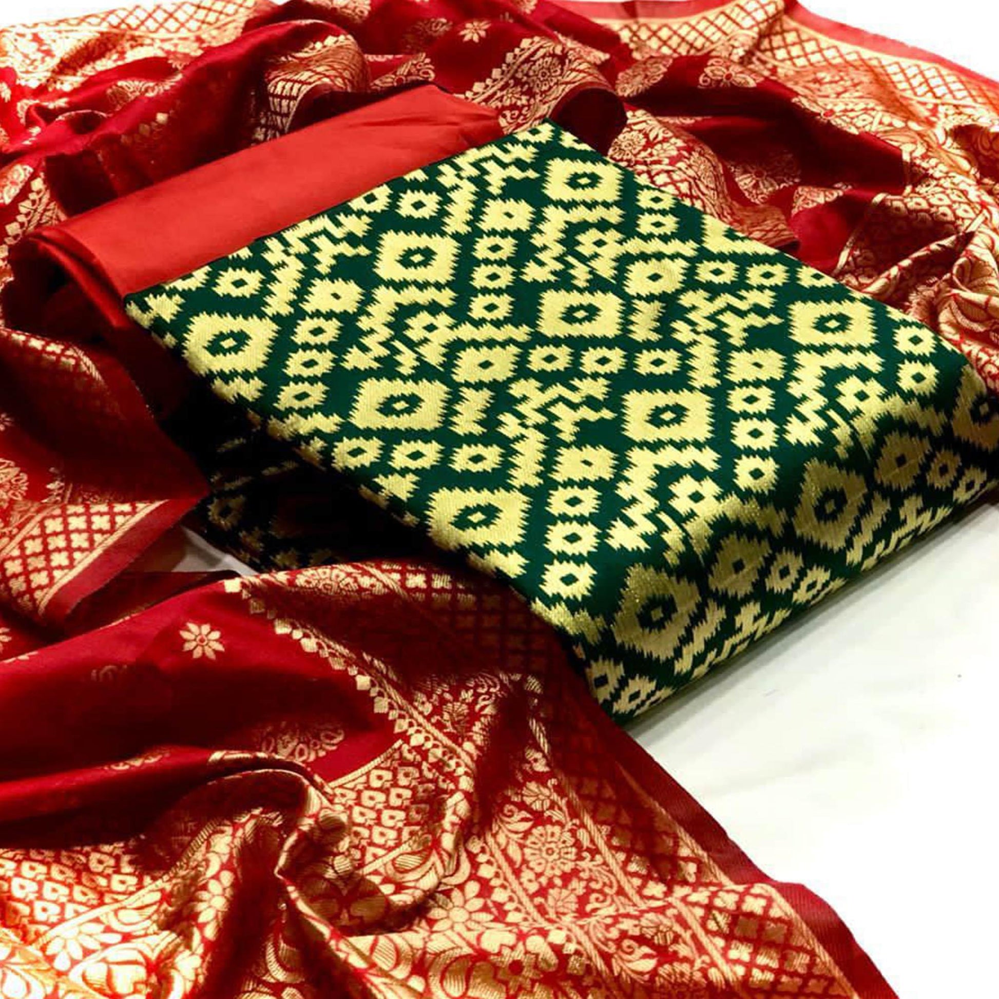 Innovative Green Colored Casual Wear Banarasi Silk Dress Material