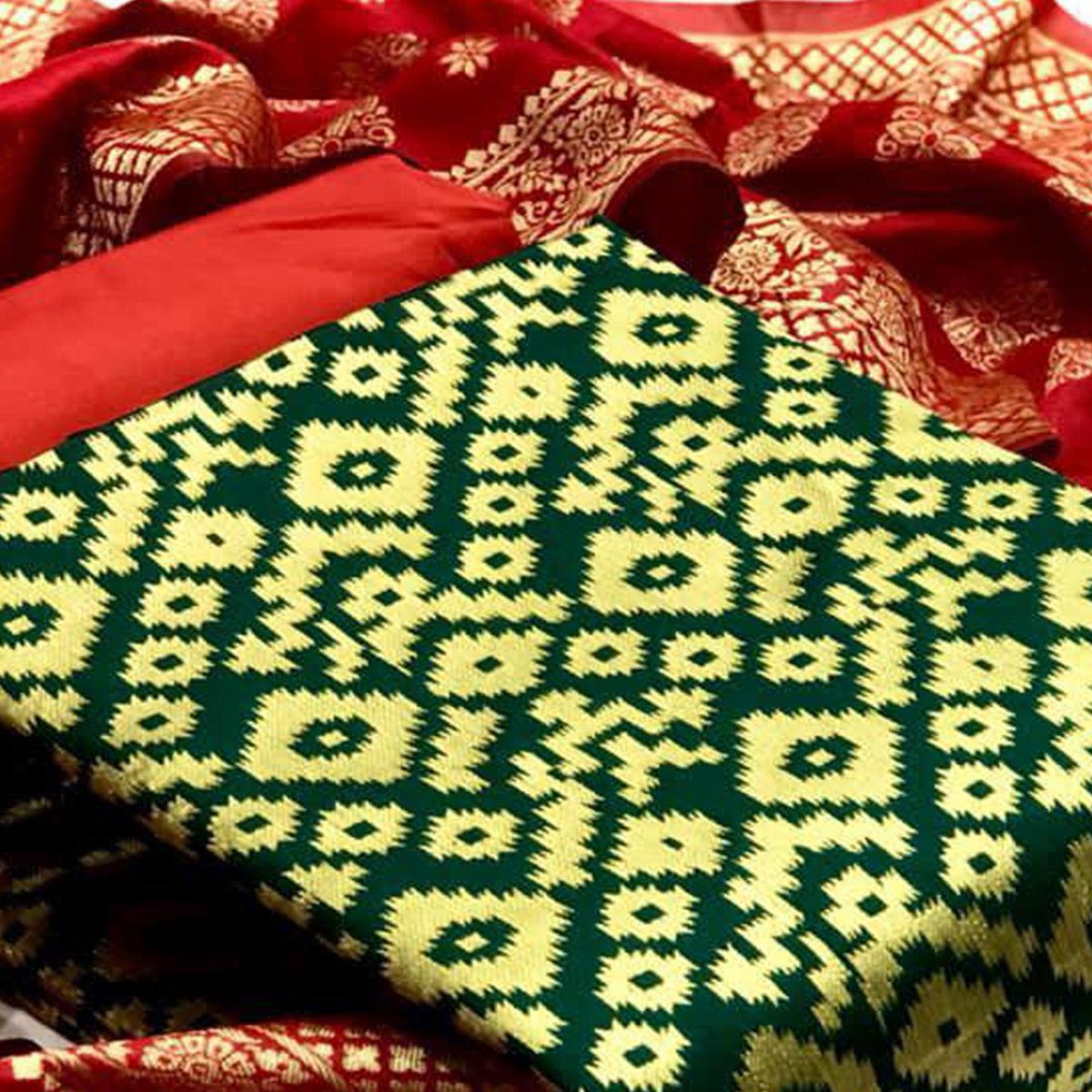 Innovative Green Colored Casual Wear Banarasi Silk Dress Material