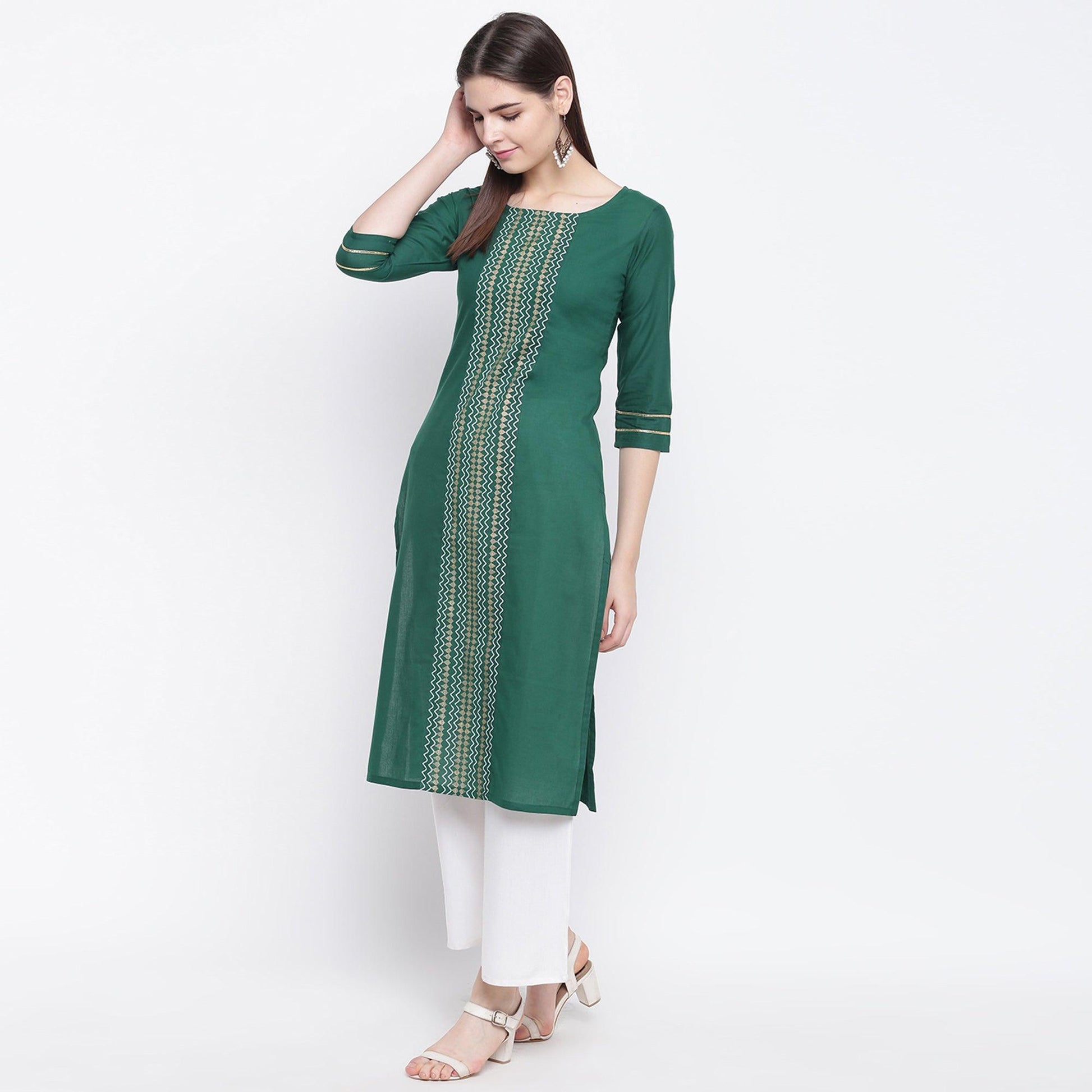 Innovative Green Colored Casual Wear Printed Cotton Kurti