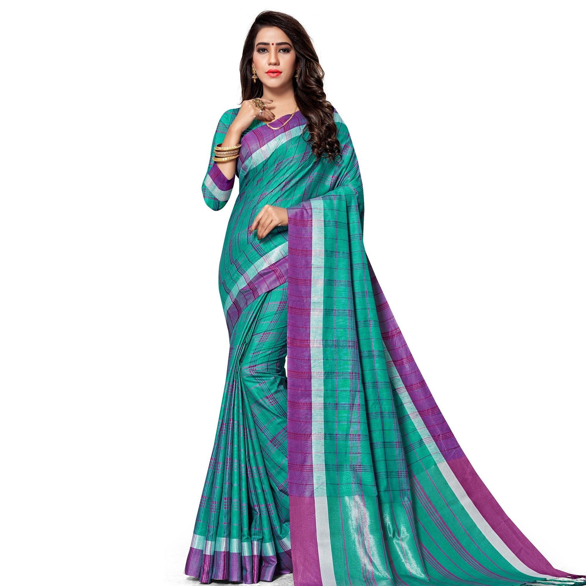 Innovative Green Colored Fesive Wear Stripe Print Cotton Silk Saree With Tassels