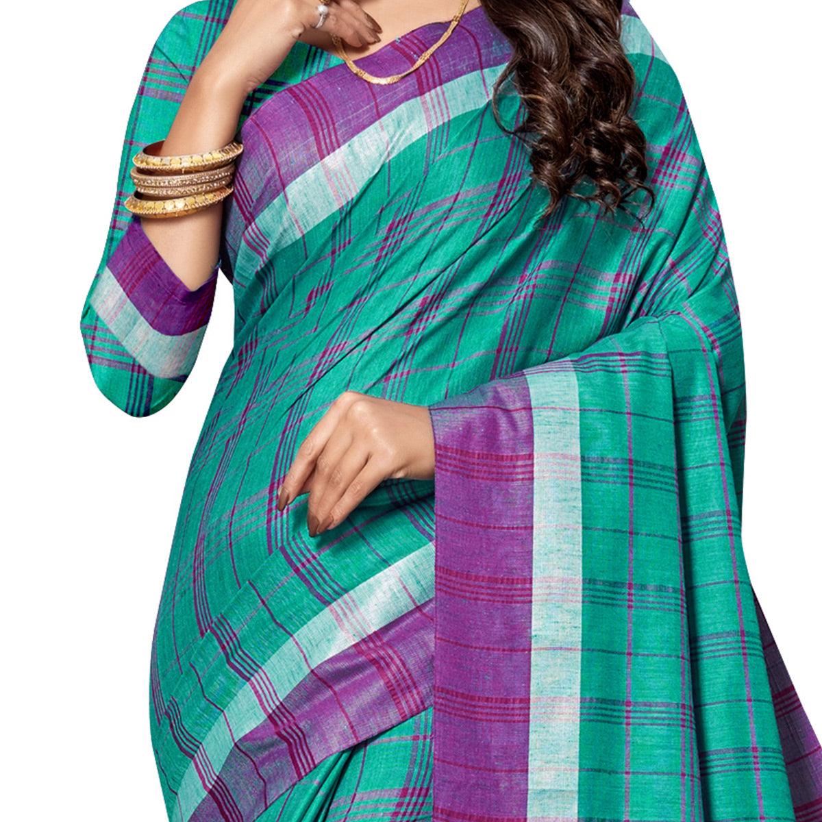 Innovative Green Colored Fesive Wear Stripe Print Cotton Silk Saree With Tassels