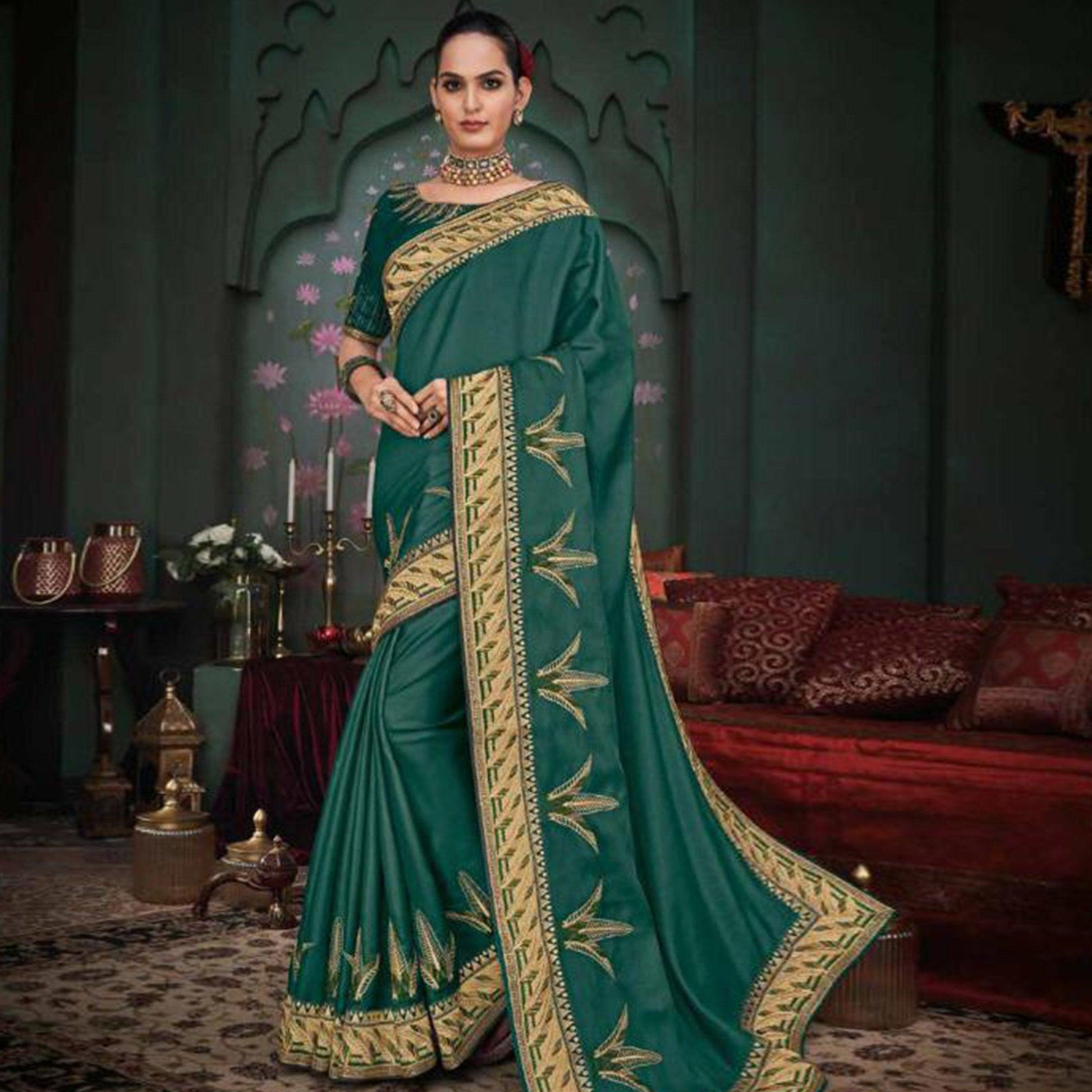 Innovative Green Colored Festive Wear Embroidered Heavy Border Silk Saree