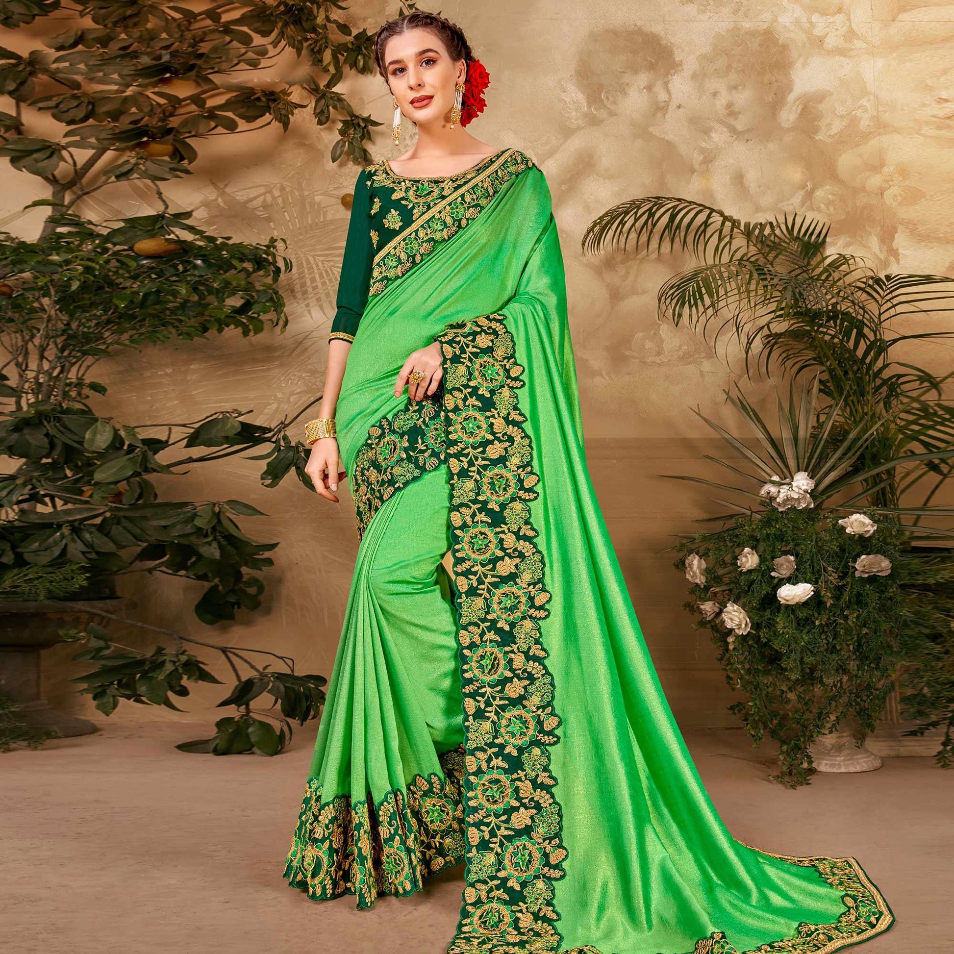 Innovative Green Colored Festive Wear Embroidered Vichitra Silk Saree