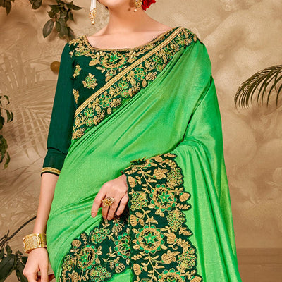 Innovative Green Colored Festive Wear Embroidered Vichitra Silk Saree