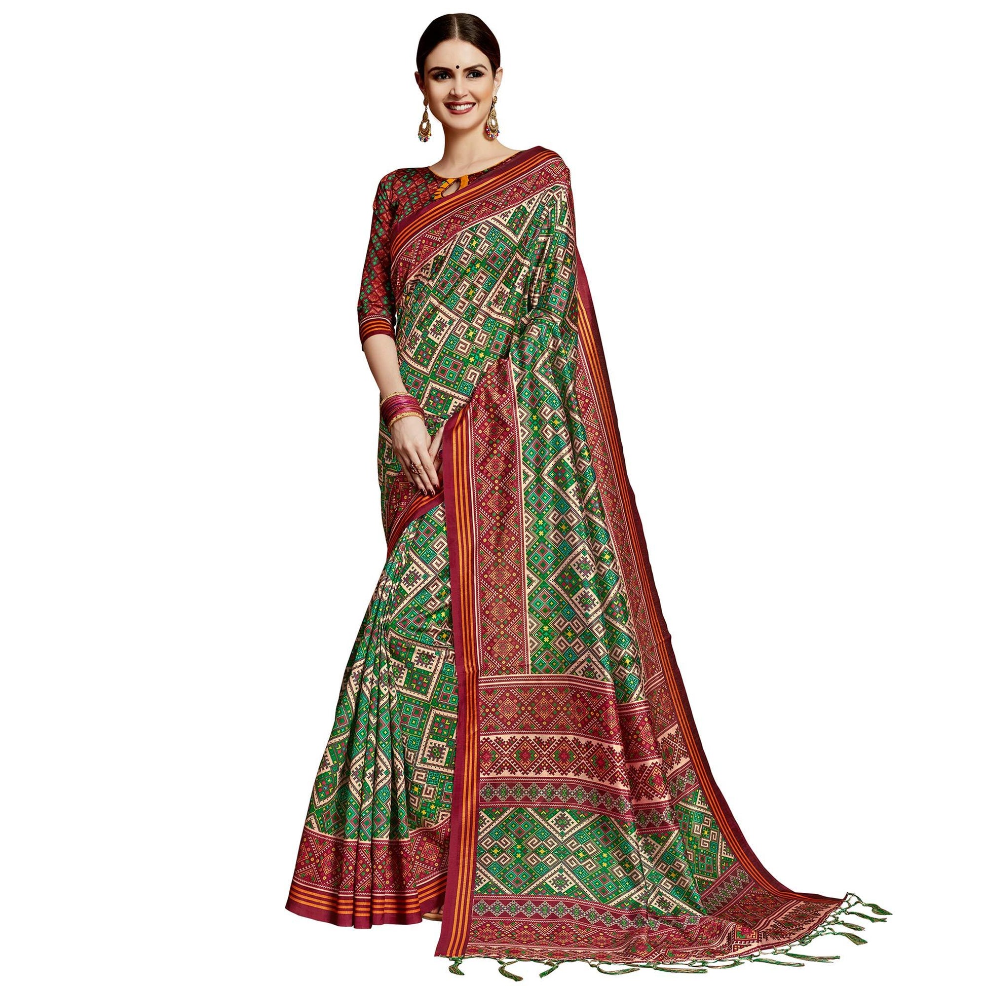 Innovative Green Colored Festive Wear Printed Silk Saree
