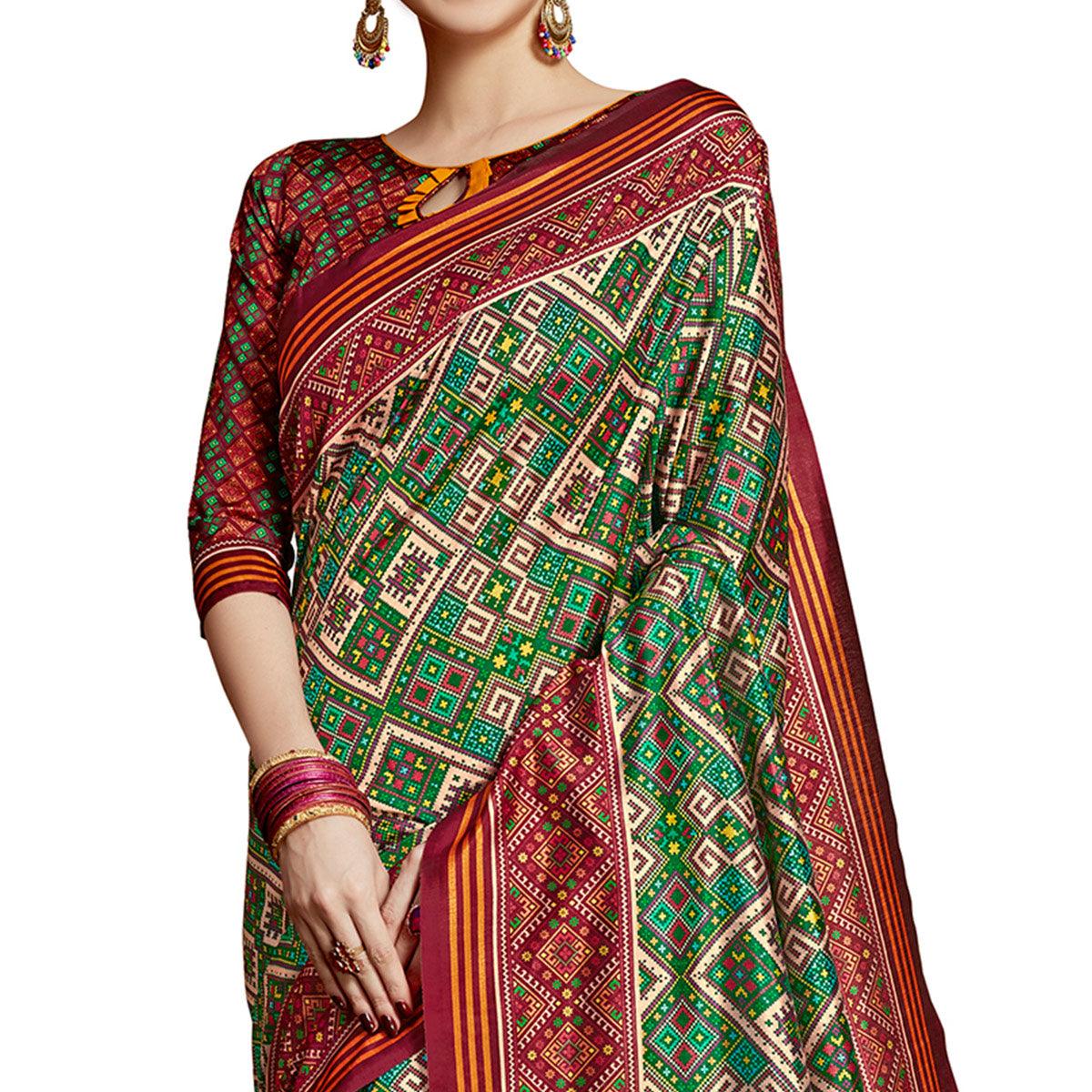 Innovative Green Colored Festive Wear Printed Silk Saree