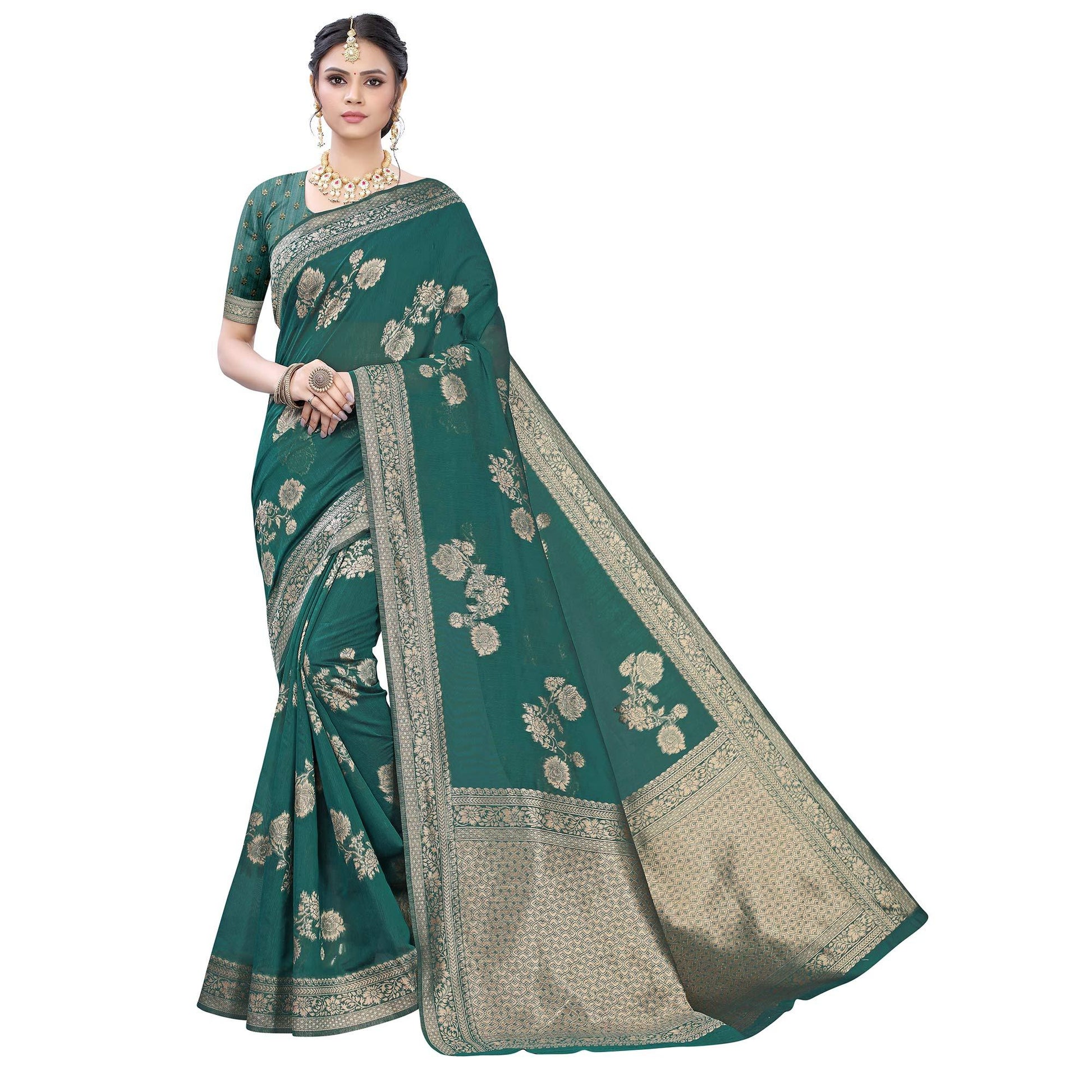 Innovative Green Colored Festive Wear Woven Banarasi Cotton Saree