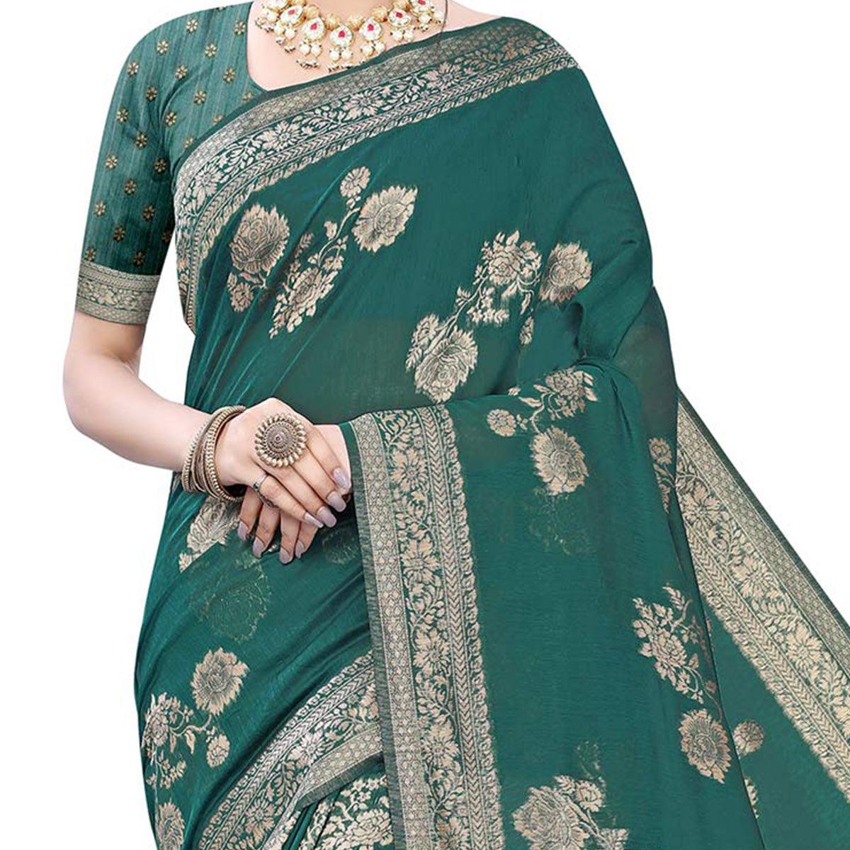 Innovative Green Colored Festive Wear Woven Banarasi Cotton Saree