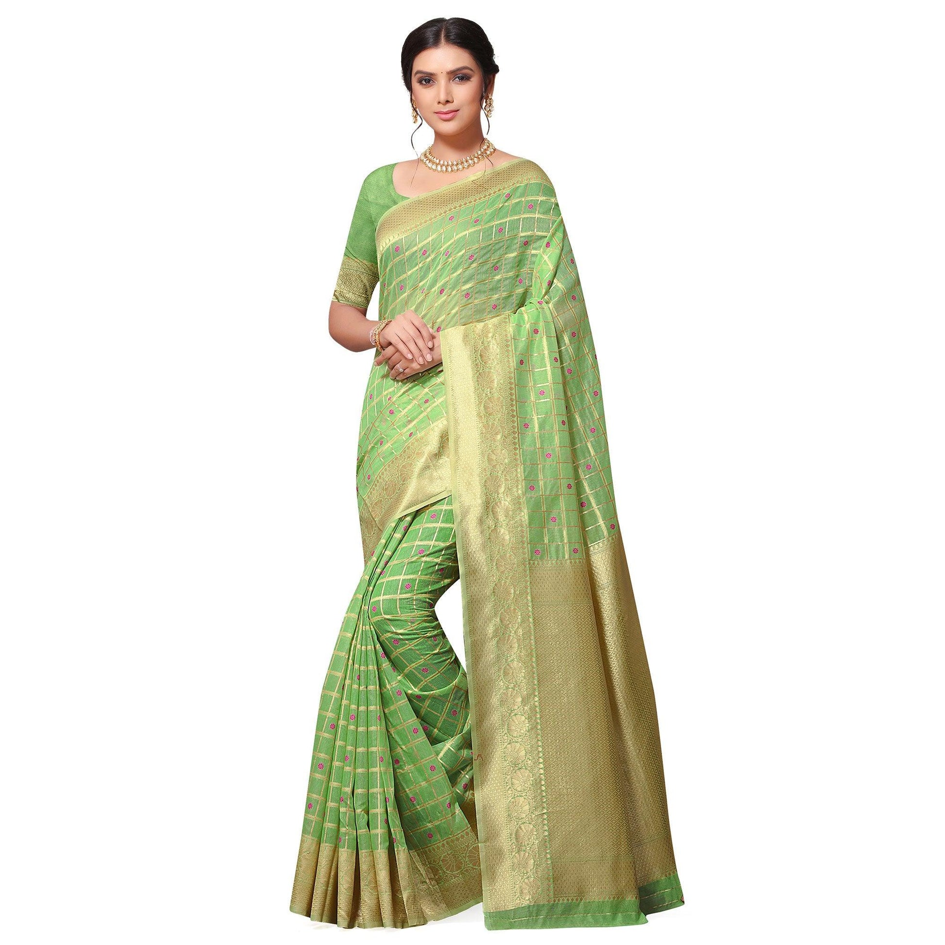 Innovative Green Colored Festive Wear Woven Cotton-Art Silk Saree