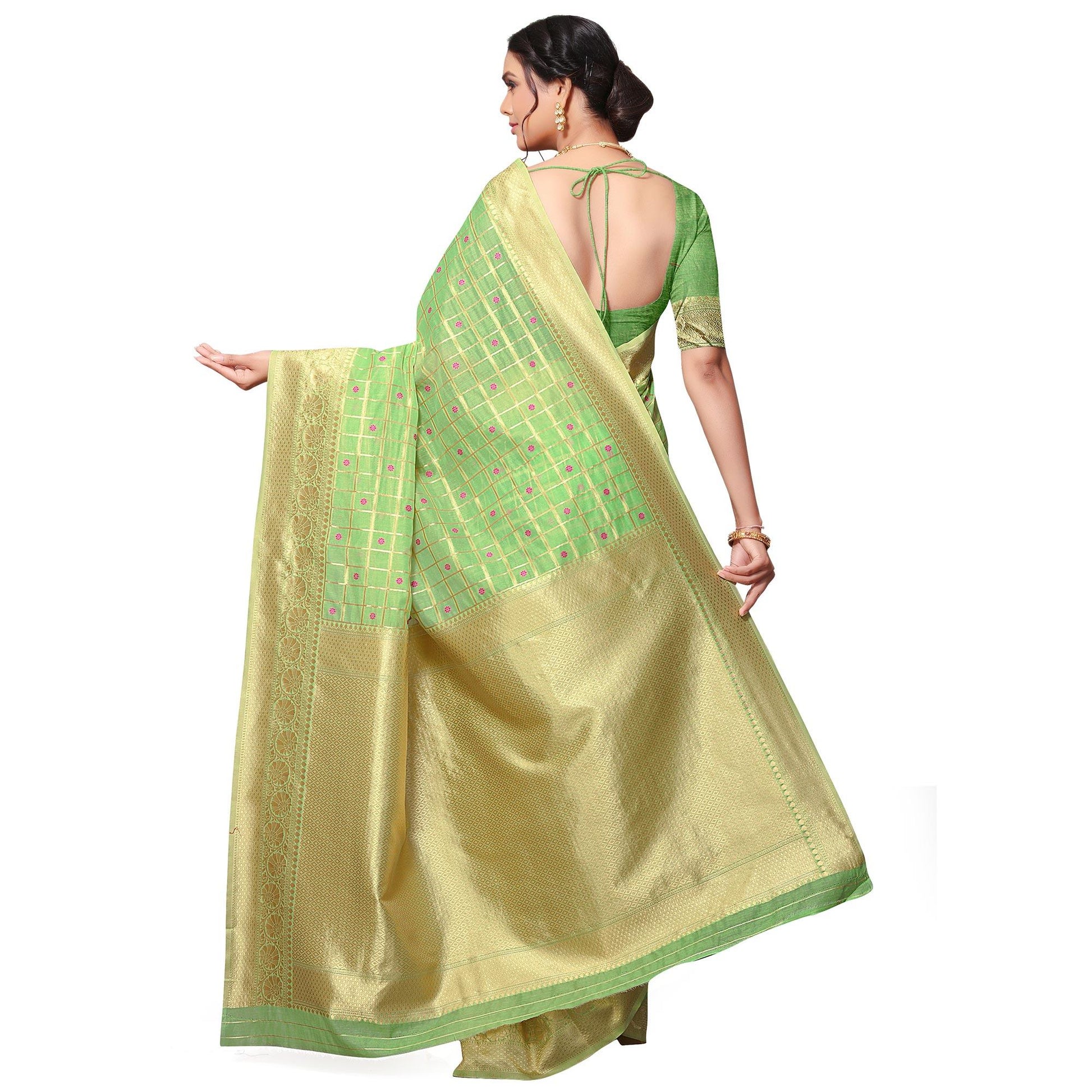 Innovative Green Colored Festive Wear Woven Cotton-Art Silk Saree