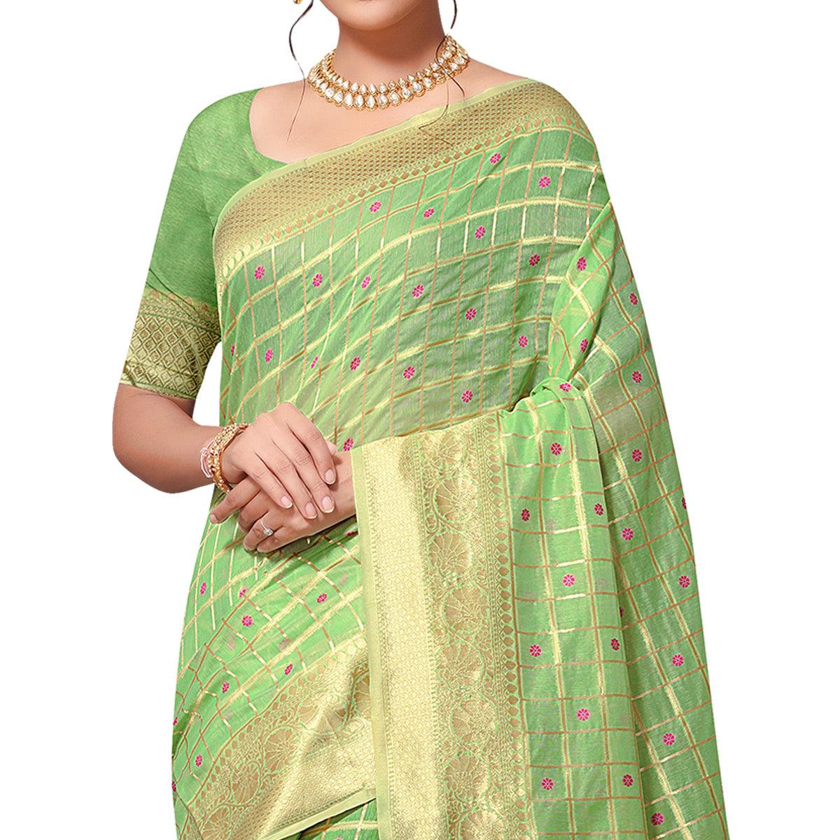 Innovative Green Colored Festive Wear Woven Cotton-Art Silk Saree