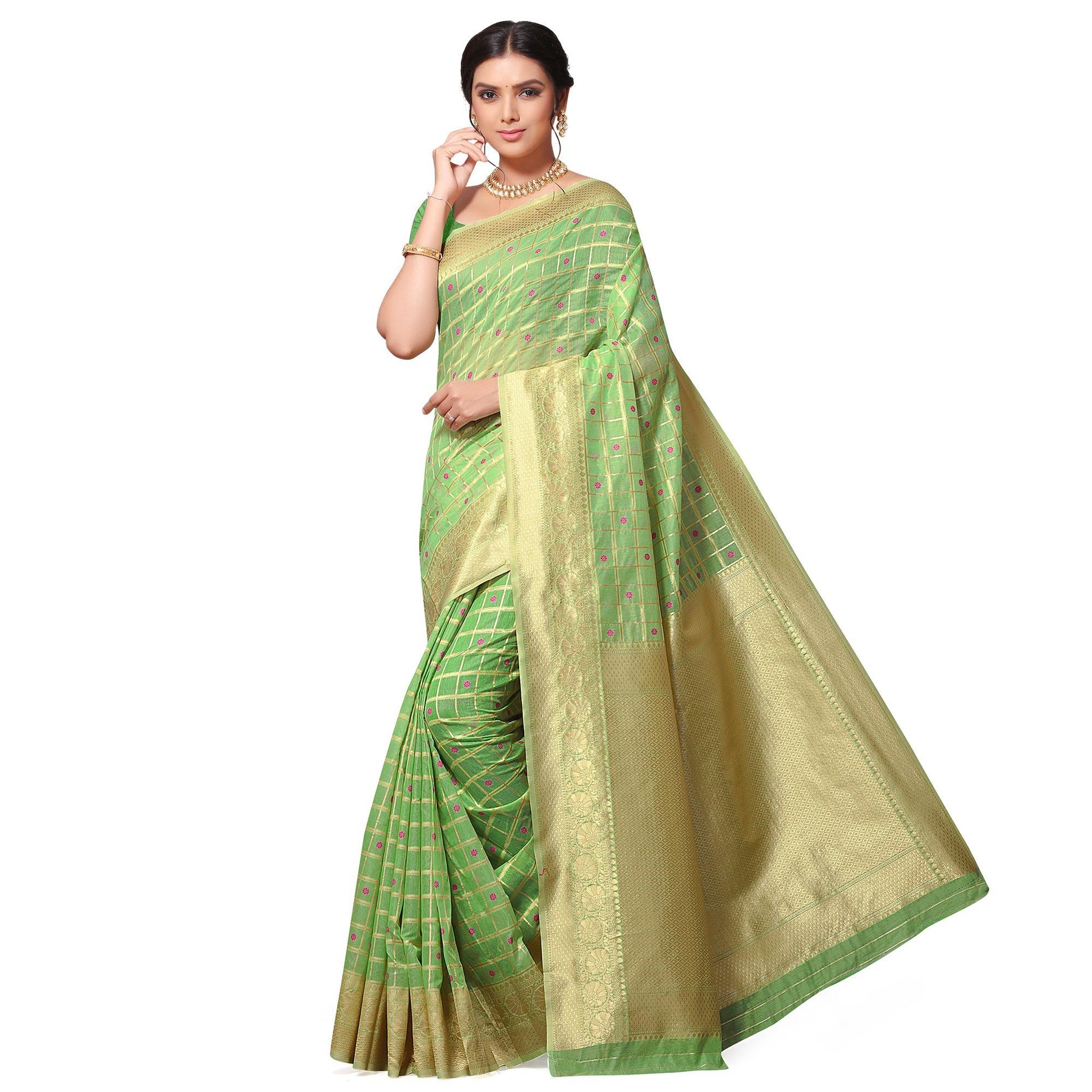Innovative Green Colored Festive Wear Woven Cotton-Art Silk Saree