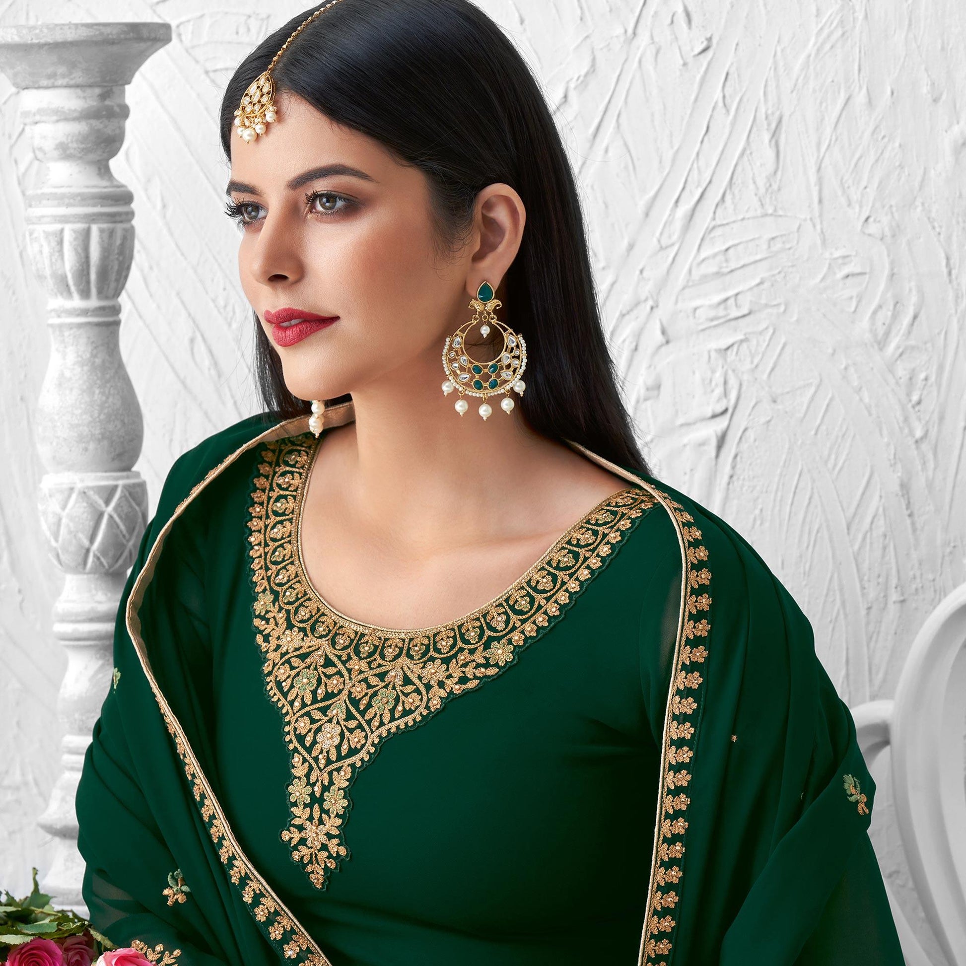 Innovative Green Colored Partywear Designer Embroidery Heavy real georgette Salwar Suit