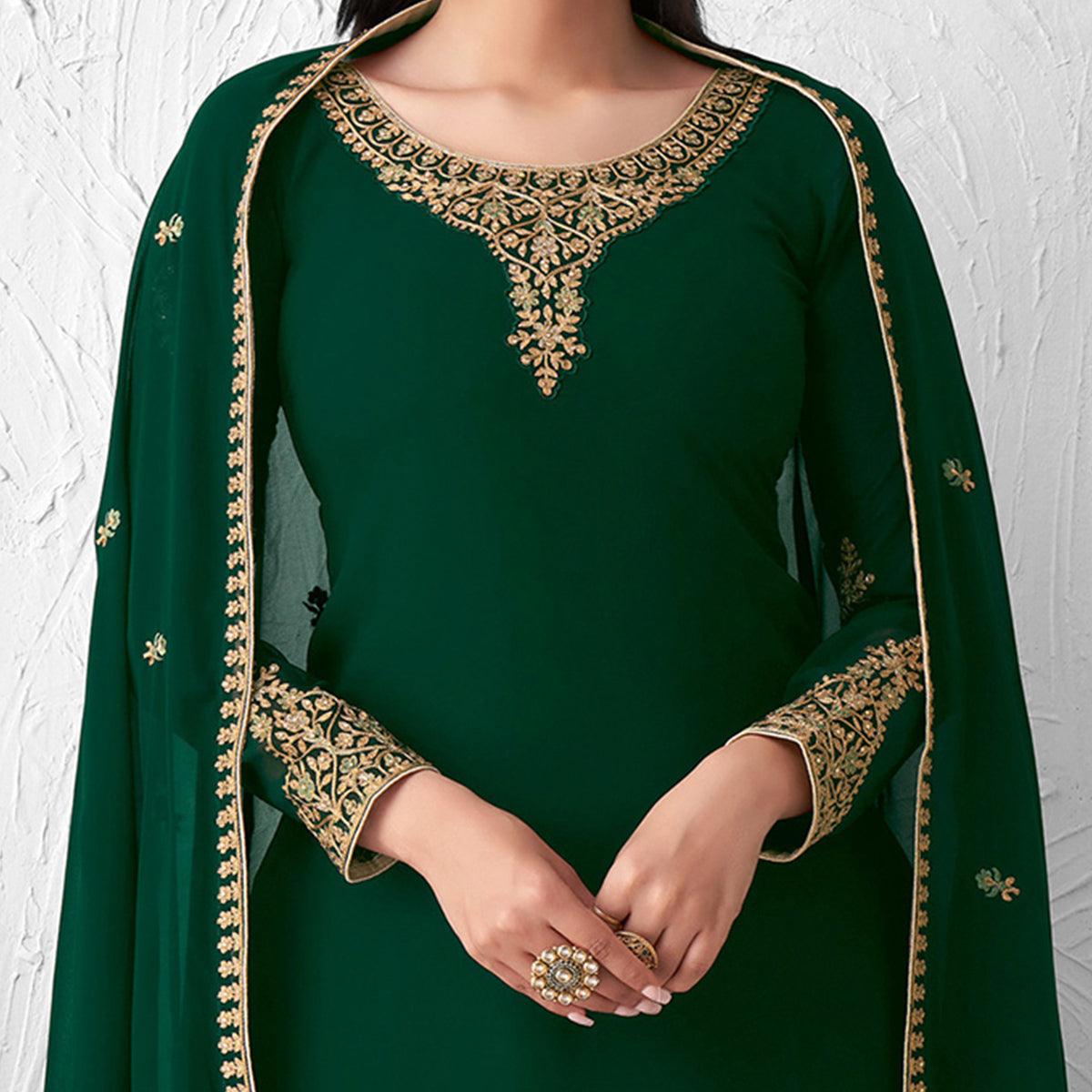 Innovative Green Colored Partywear Designer Embroidery Heavy real georgette Salwar Suit