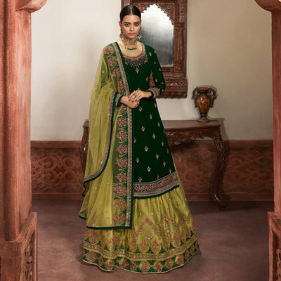 Innovative Green Coloured Partywear Embroidered Faux Georgette Sharara Style Salwar Suit