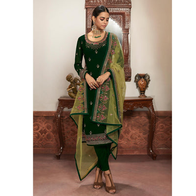 Innovative Green Coloured Partywear Embroidered Faux Georgette Sharara Style Salwar Suit