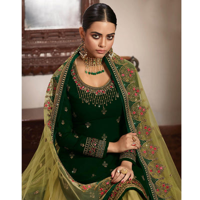 Innovative Green Coloured Partywear Embroidered Faux Georgette Sharara Style Salwar Suit