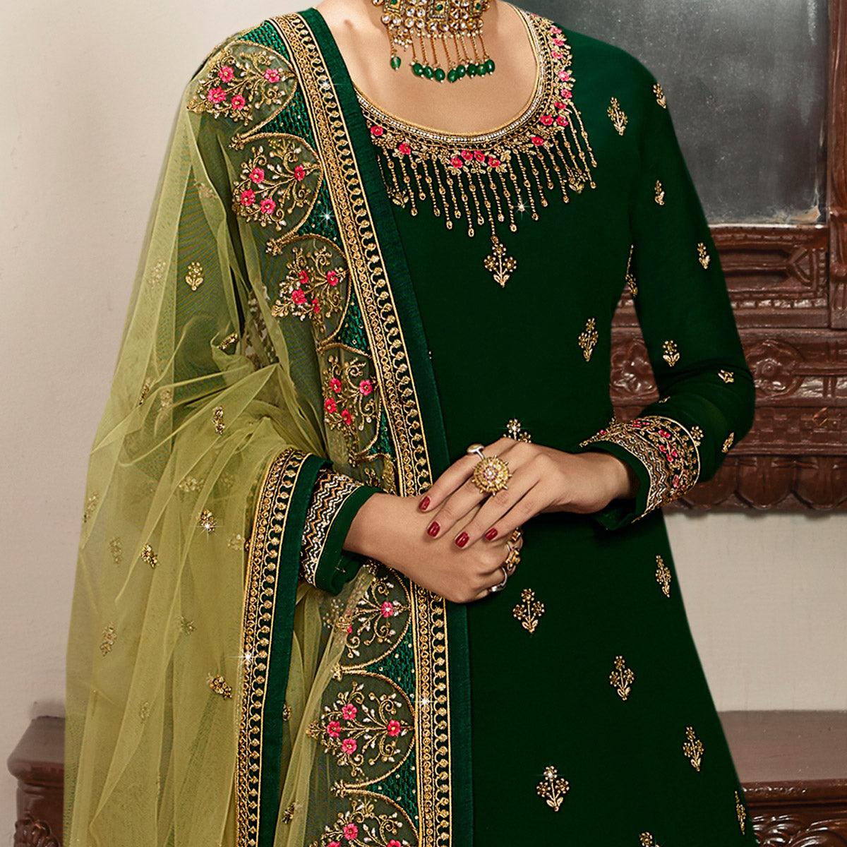 Innovative Green Coloured Partywear Embroidered Faux Georgette Sharara Style Salwar Suit