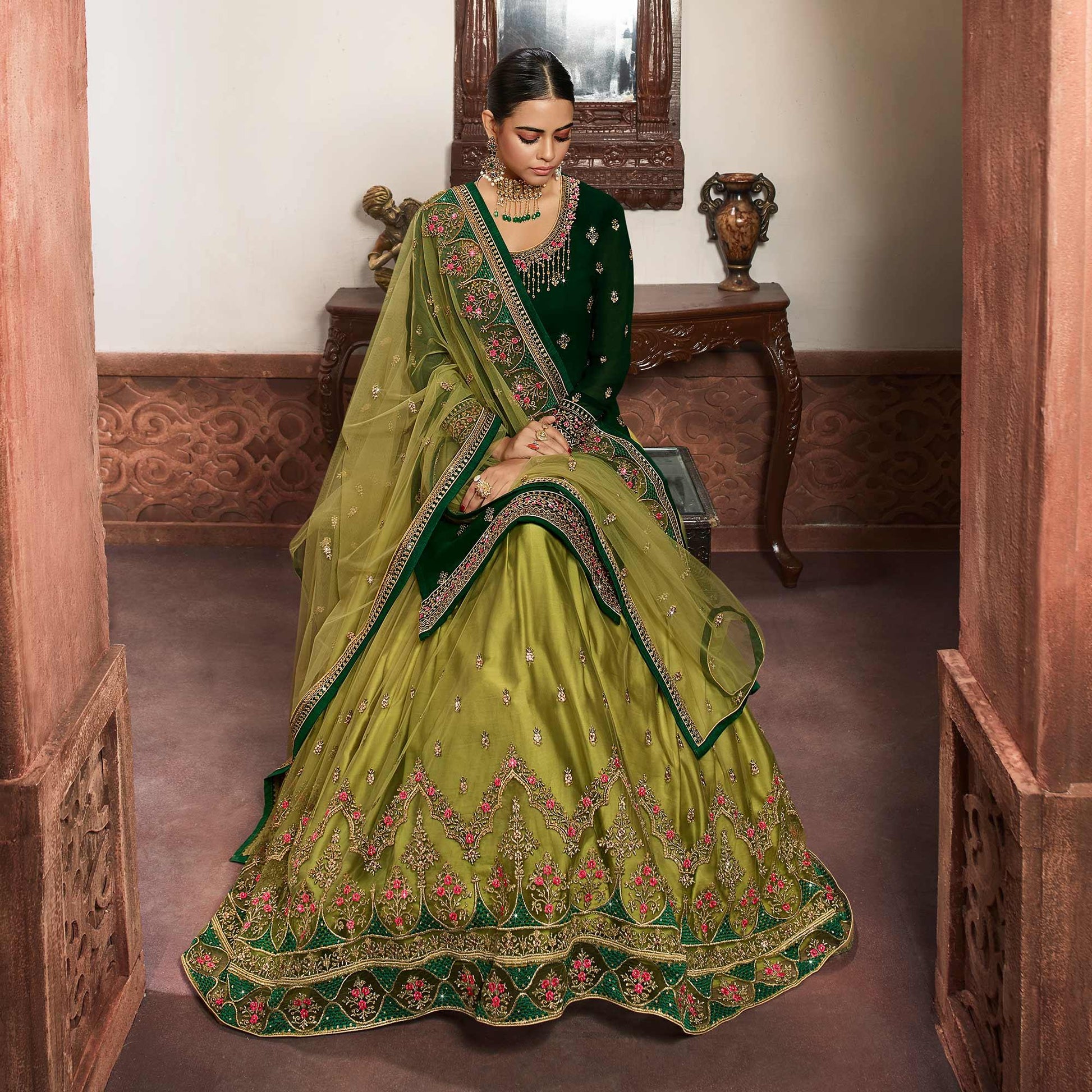 Innovative Green Coloured Partywear Embroidered Faux Georgette Sharara Style Salwar Suit