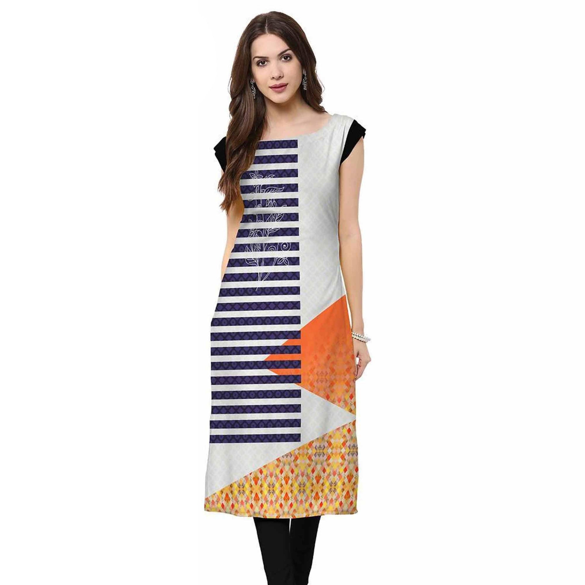 Innovative Grey-Blue Colored Casual Printed Crepe Kurti