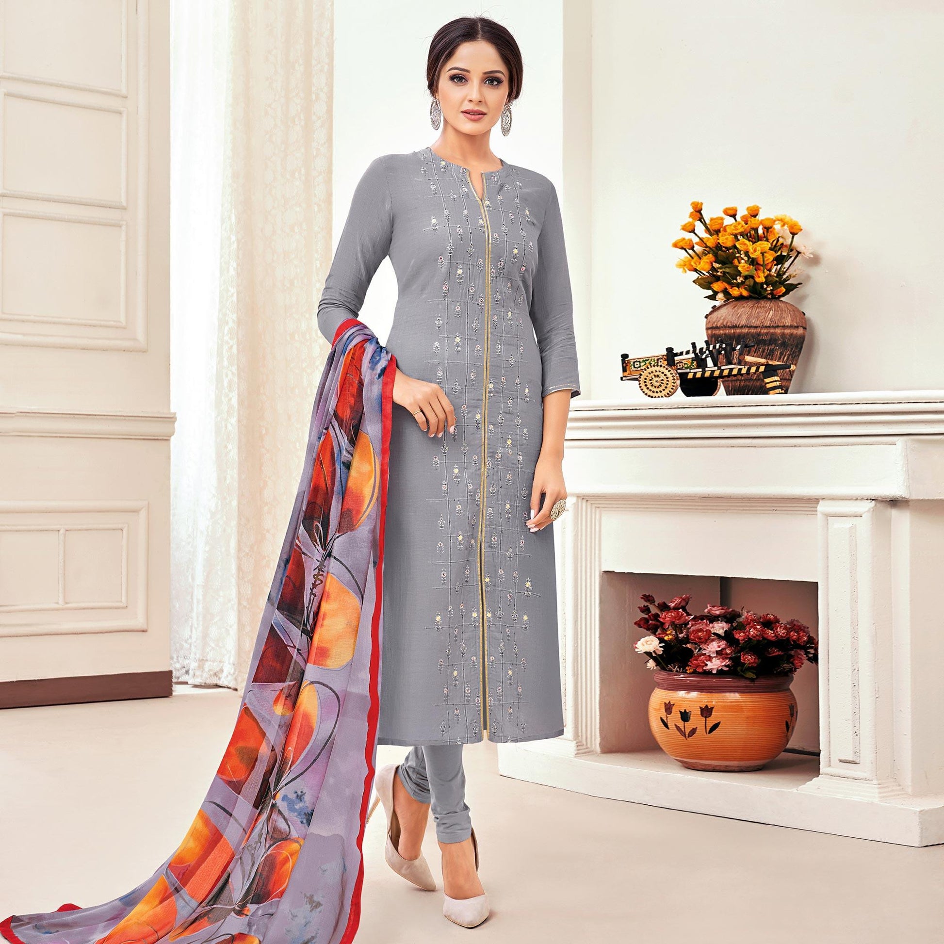Innovative Grey Colored Casual Wear Embroidered Chanderi Dress Material