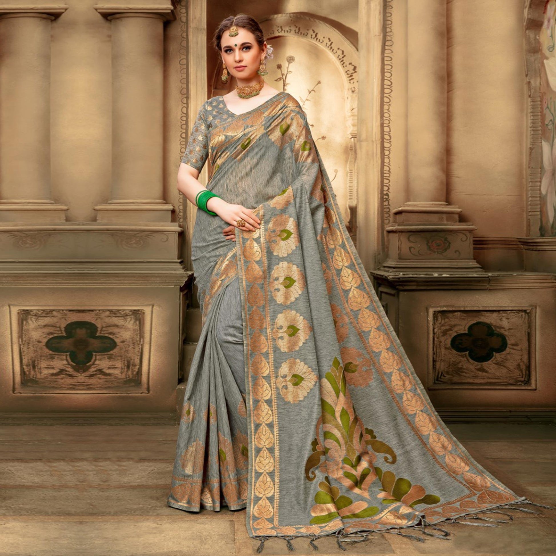 Innovative Grey Colored Festive Wear Woven Cotton Silk Saree