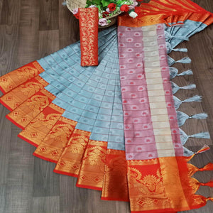 Innovative Grey Colored Festive Wear Woven Cotton Silk Saree