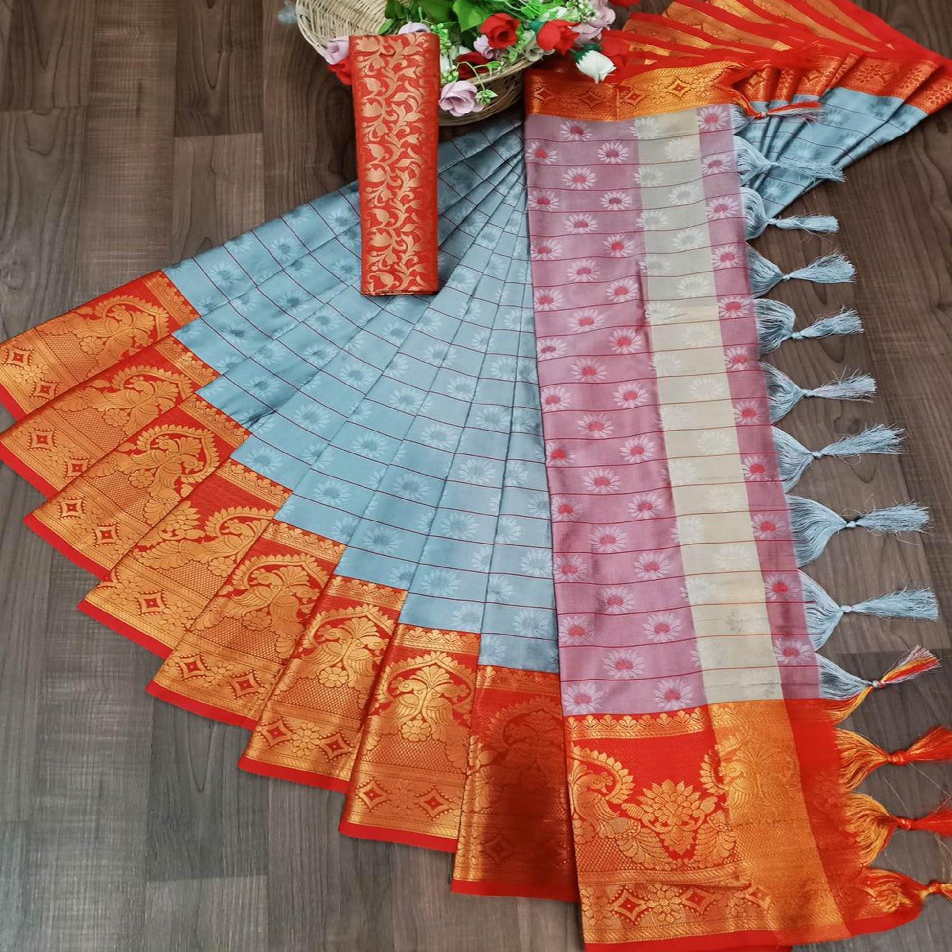 Innovative Grey Colored Festive Wear Woven Cotton Silk Saree