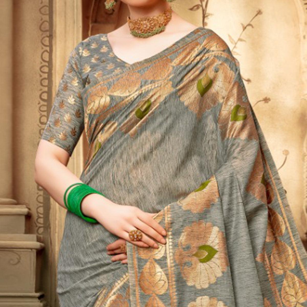 Innovative Grey Colored Festive Wear Woven Cotton Silk Saree