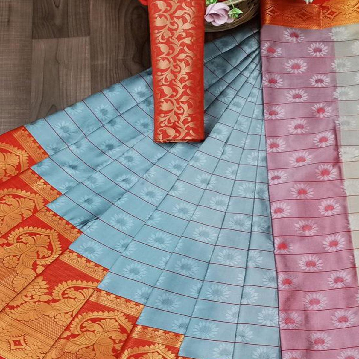 Innovative Grey Colored Festive Wear Woven Cotton Silk Saree
