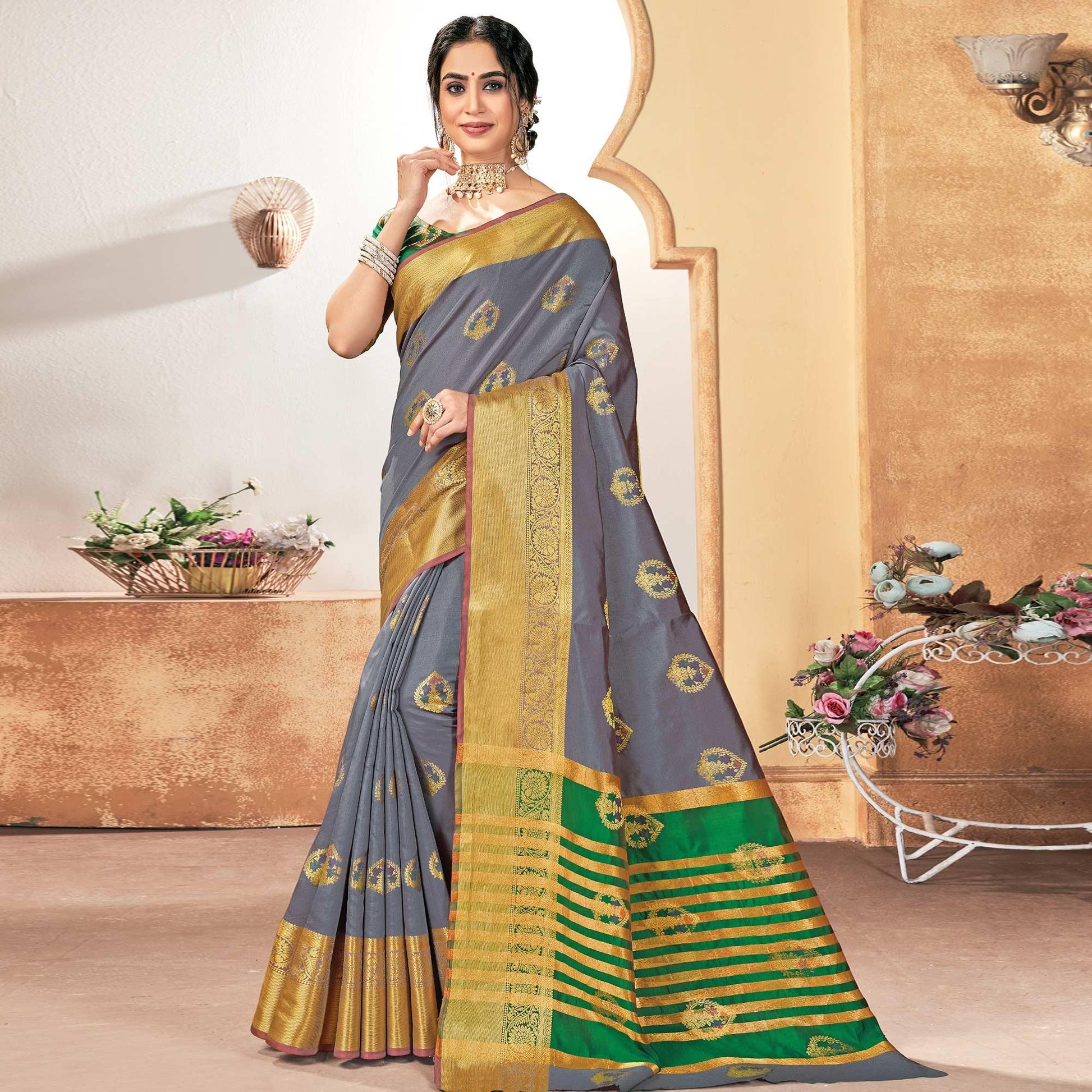 Innovative Grey Colored Festive Wear Woven Silk Saree