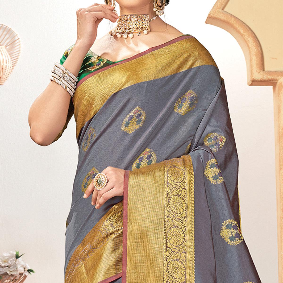 Innovative Grey Colored Festive Wear Woven Silk Saree