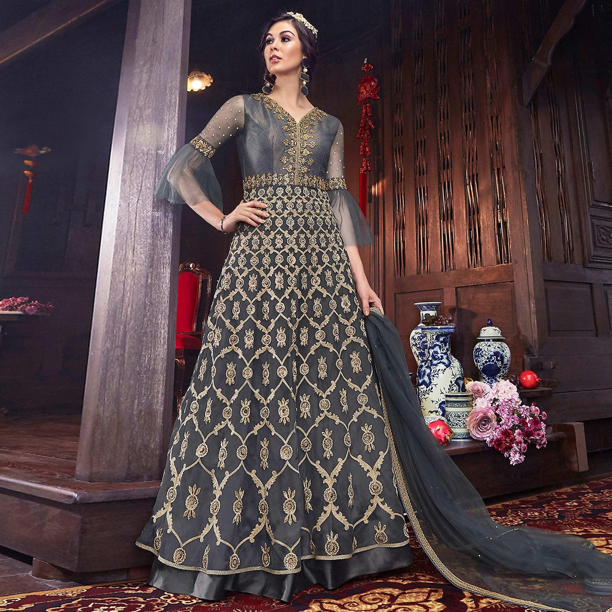Innovative Grey Colored Partywear Embroidered Net Palazzo Suit
