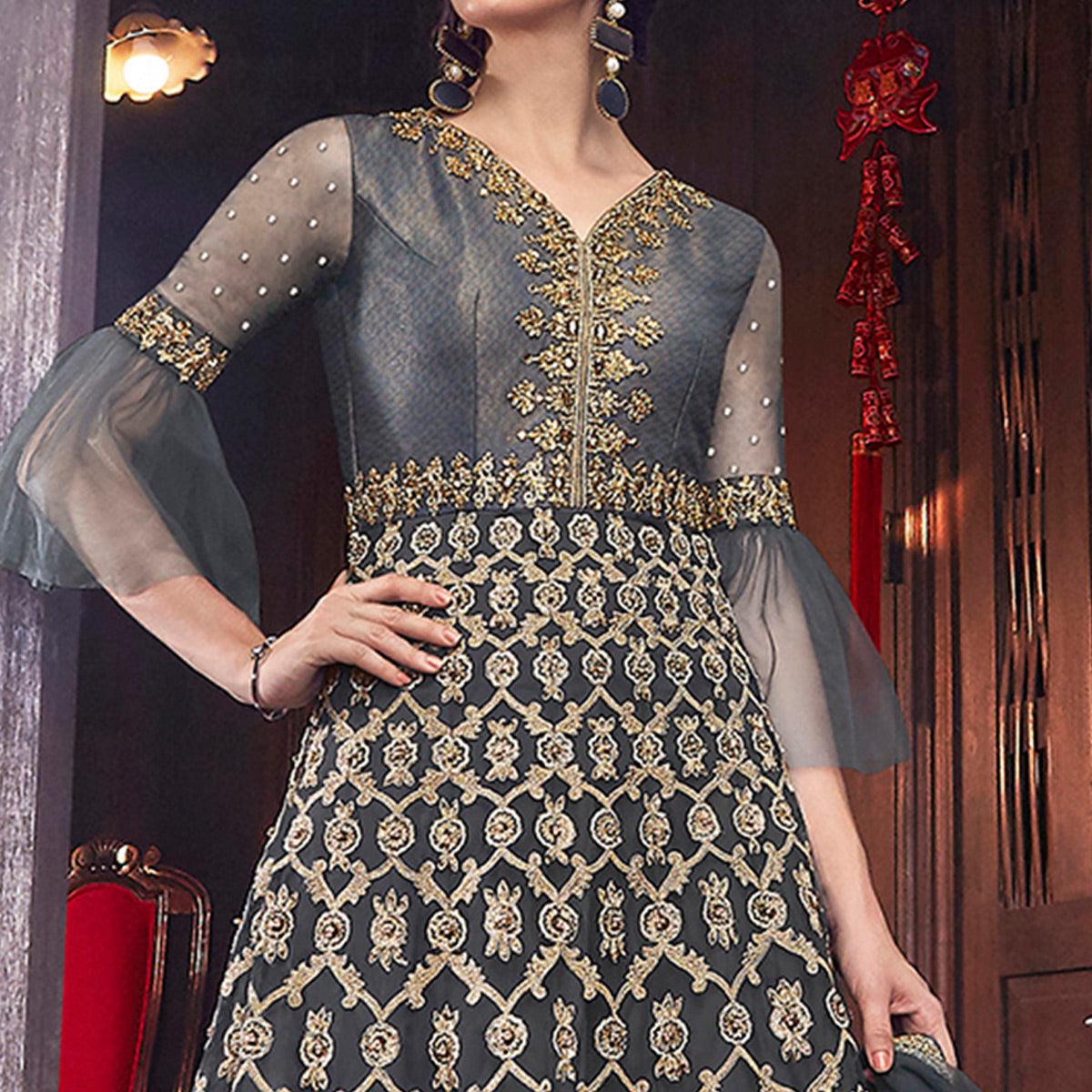 Innovative Grey Colored Partywear Embroidered Net Palazzo Suit