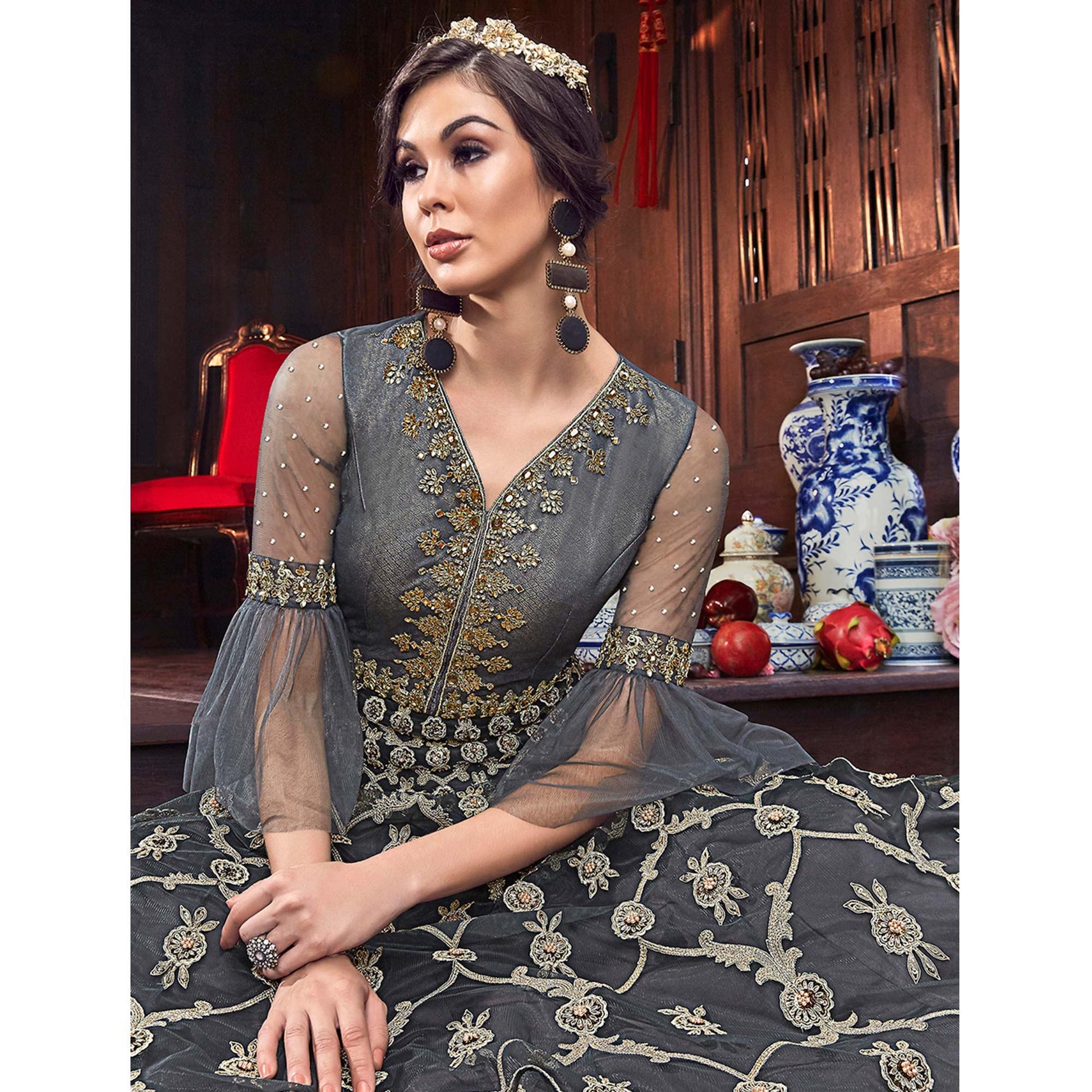 Innovative Grey Colored Partywear Embroidered Net Palazzo Suit