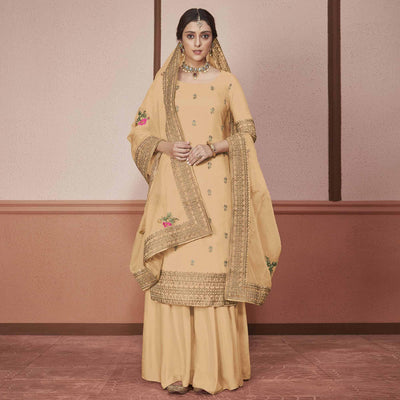 Innovative Light Brown Colored Partywear Embroidered Silk Palazzo Suit