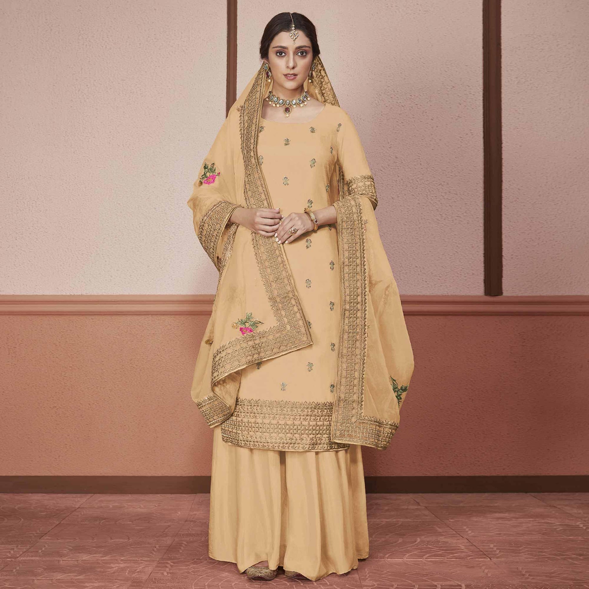 Innovative Light Brown Colored Partywear Embroidered Silk Palazzo Suit