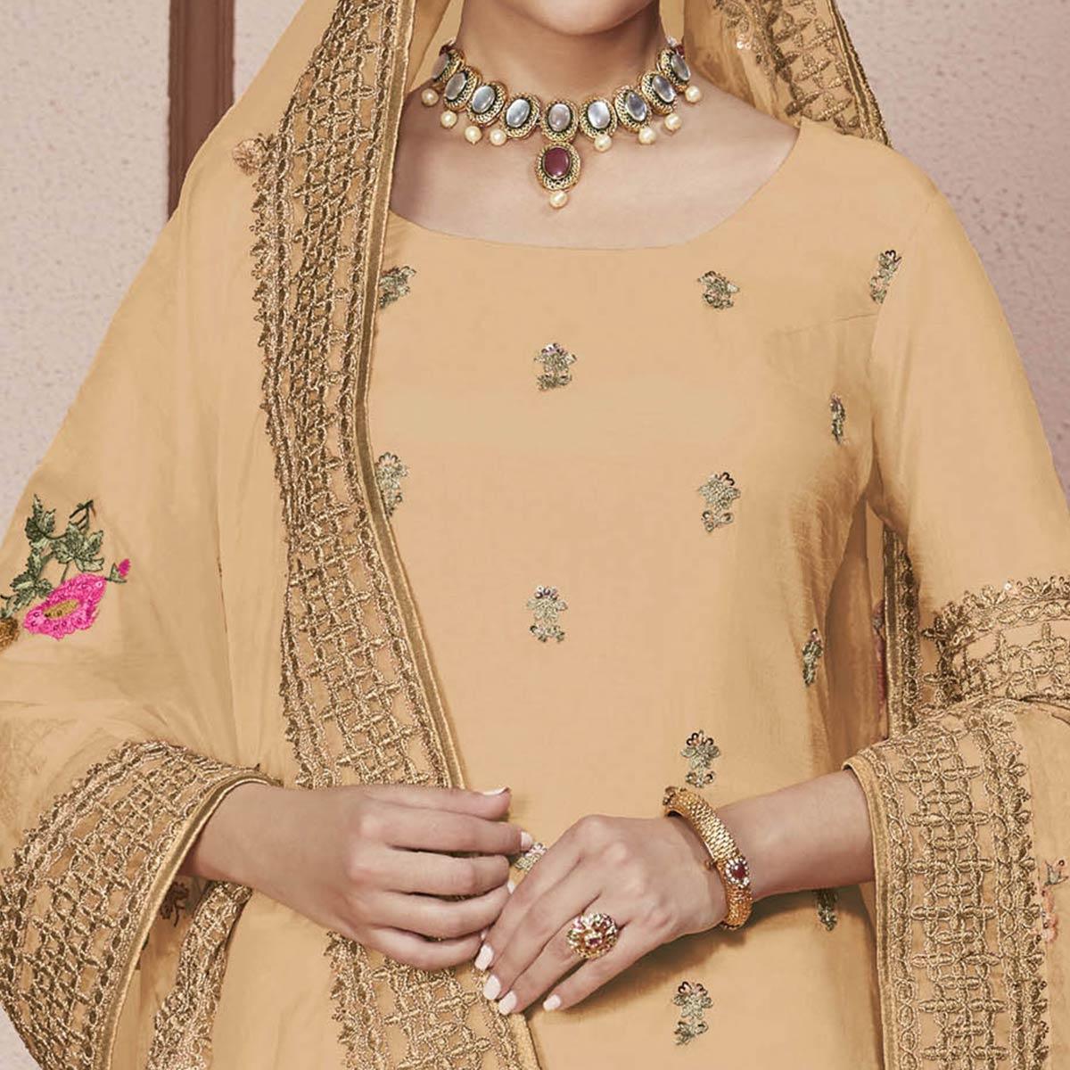 Innovative Light Brown Colored Partywear Embroidered Silk Palazzo Suit