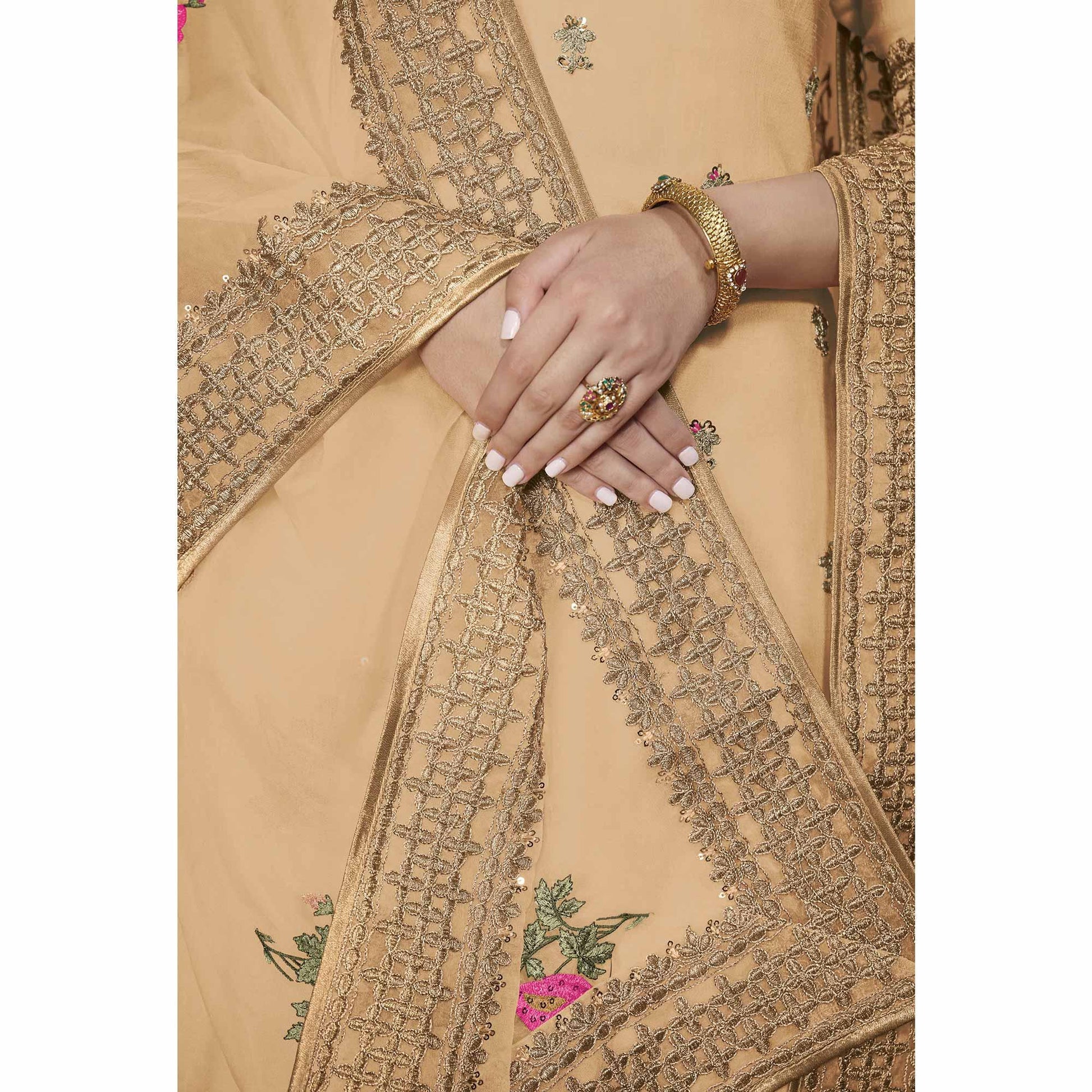 Innovative Light Brown Colored Partywear Embroidered Silk Palazzo Suit