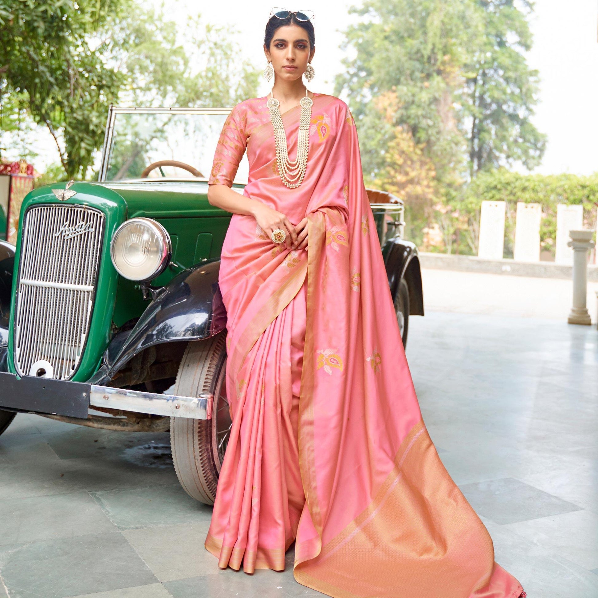 Innovative Light Peach Colored Zari Work Festive Wear Banarasi Silk Saree