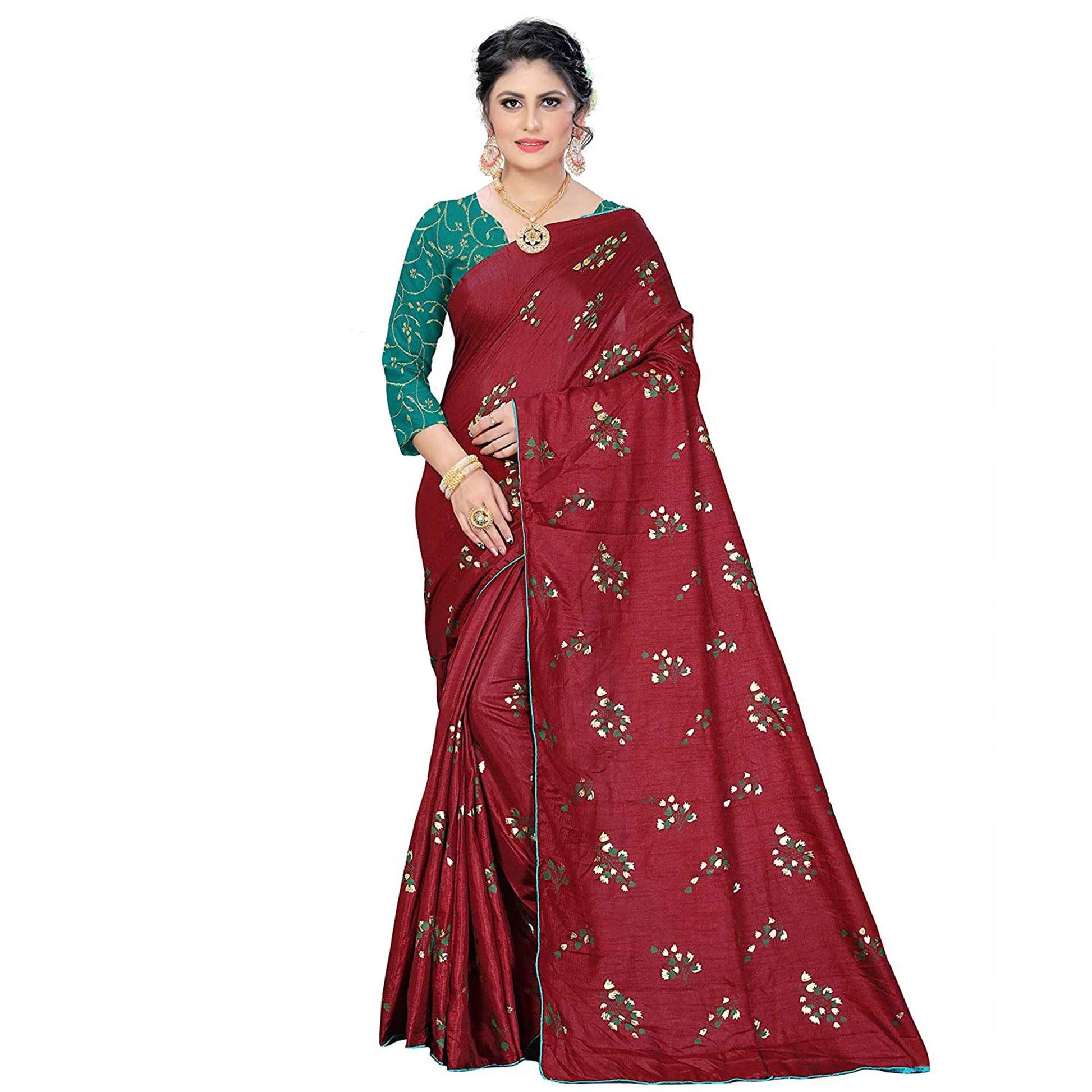 Innovative Maroon Colored Partywear Foil Work Printed Art Silk Saree