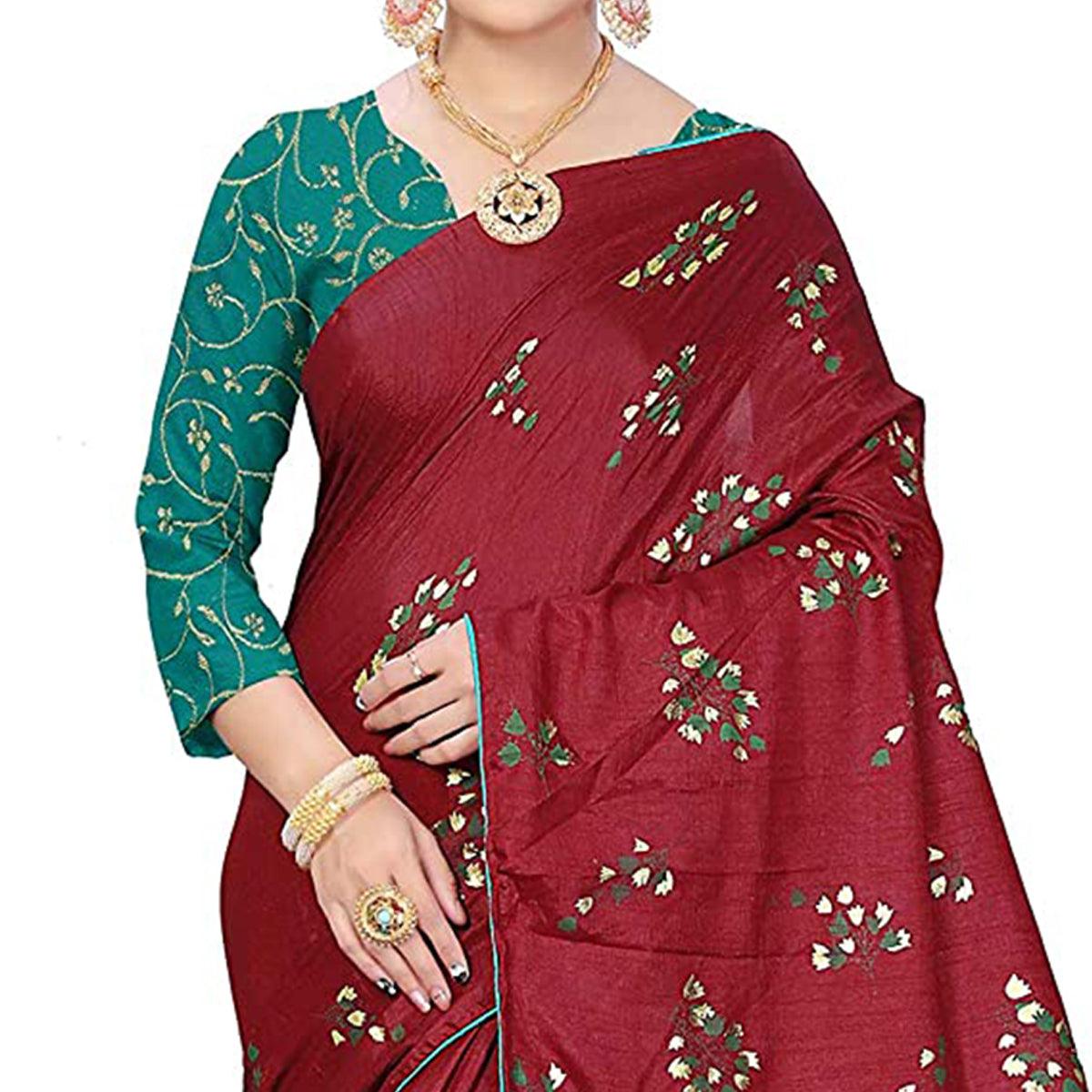 Innovative Maroon Colored Partywear Foil Work Printed Art Silk Saree