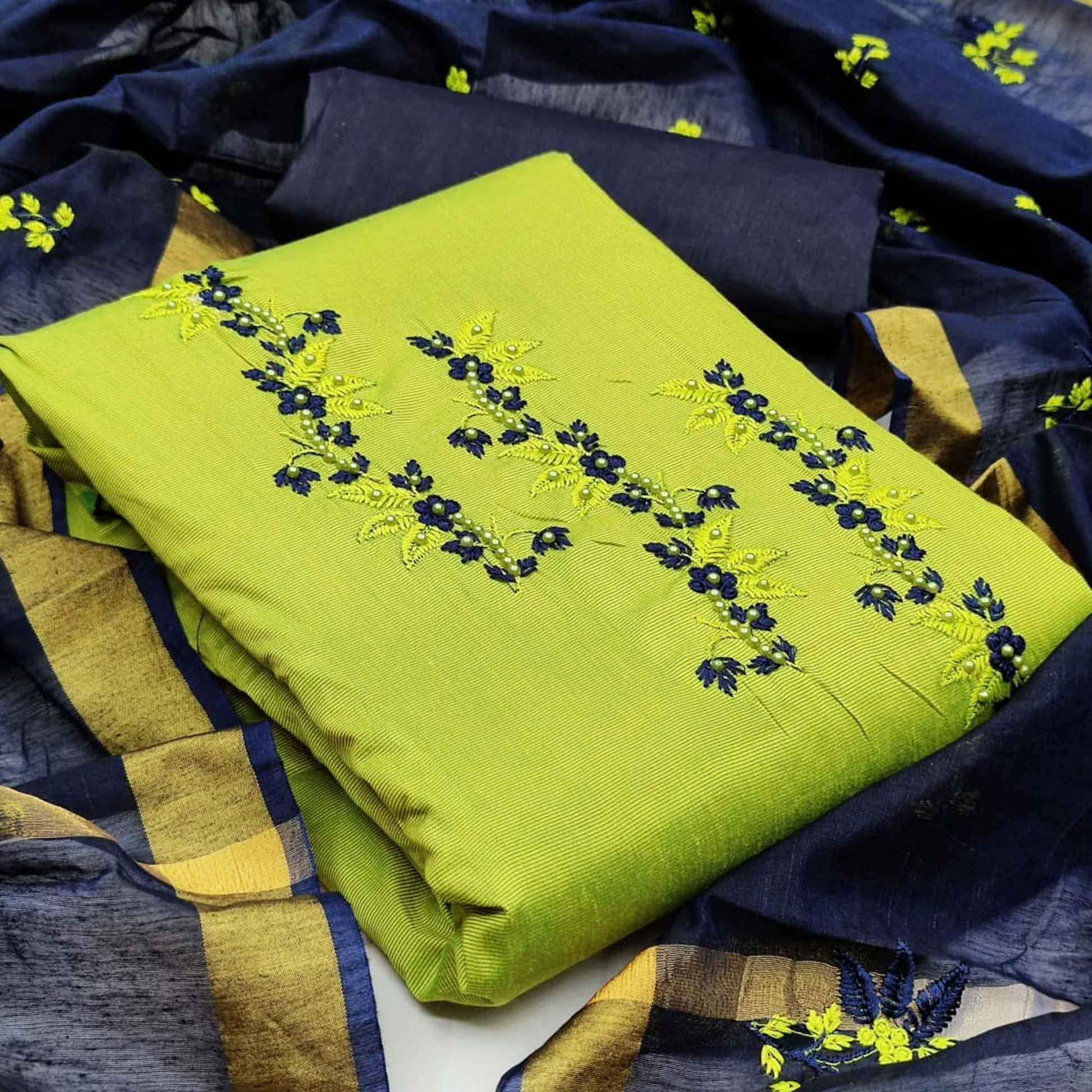 Innovative Mehendi Colored Casual Wear Embroidered Cotton Dress Material