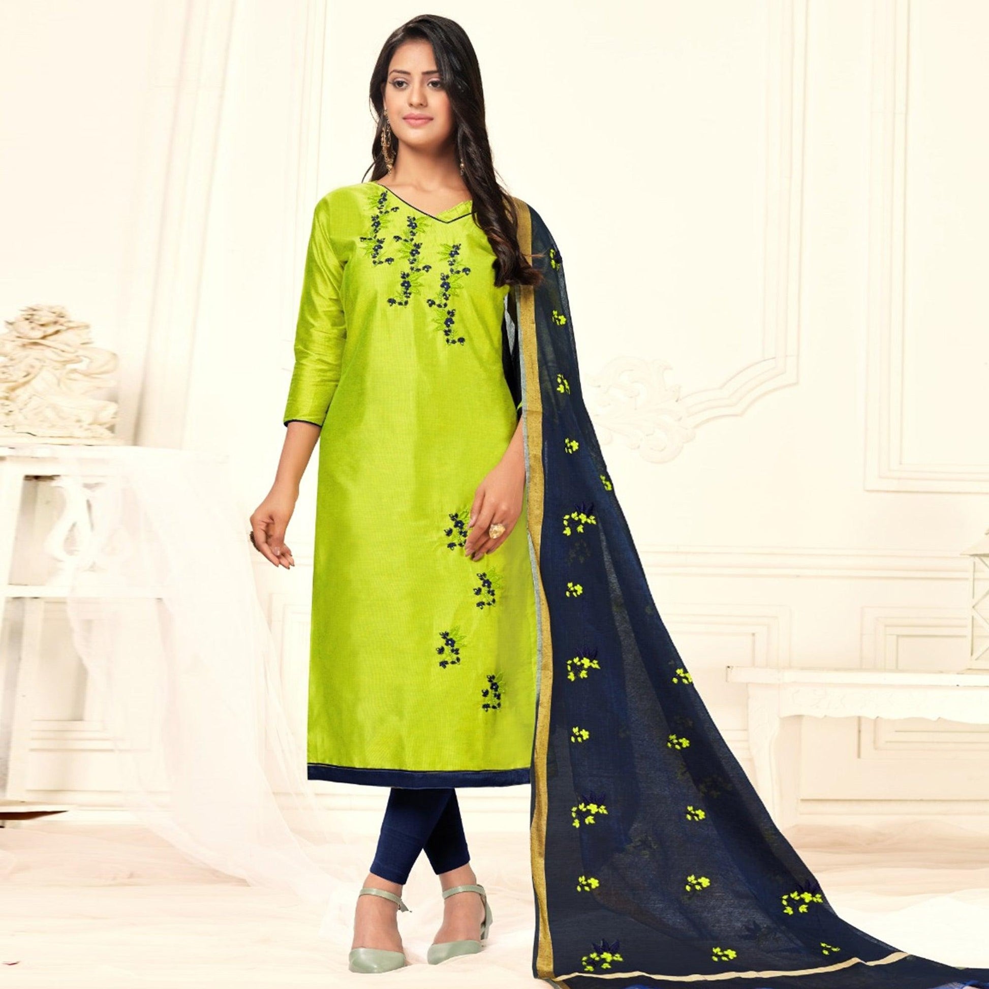 Innovative Mehendi Colored Casual Wear Embroidered Cotton Dress Material