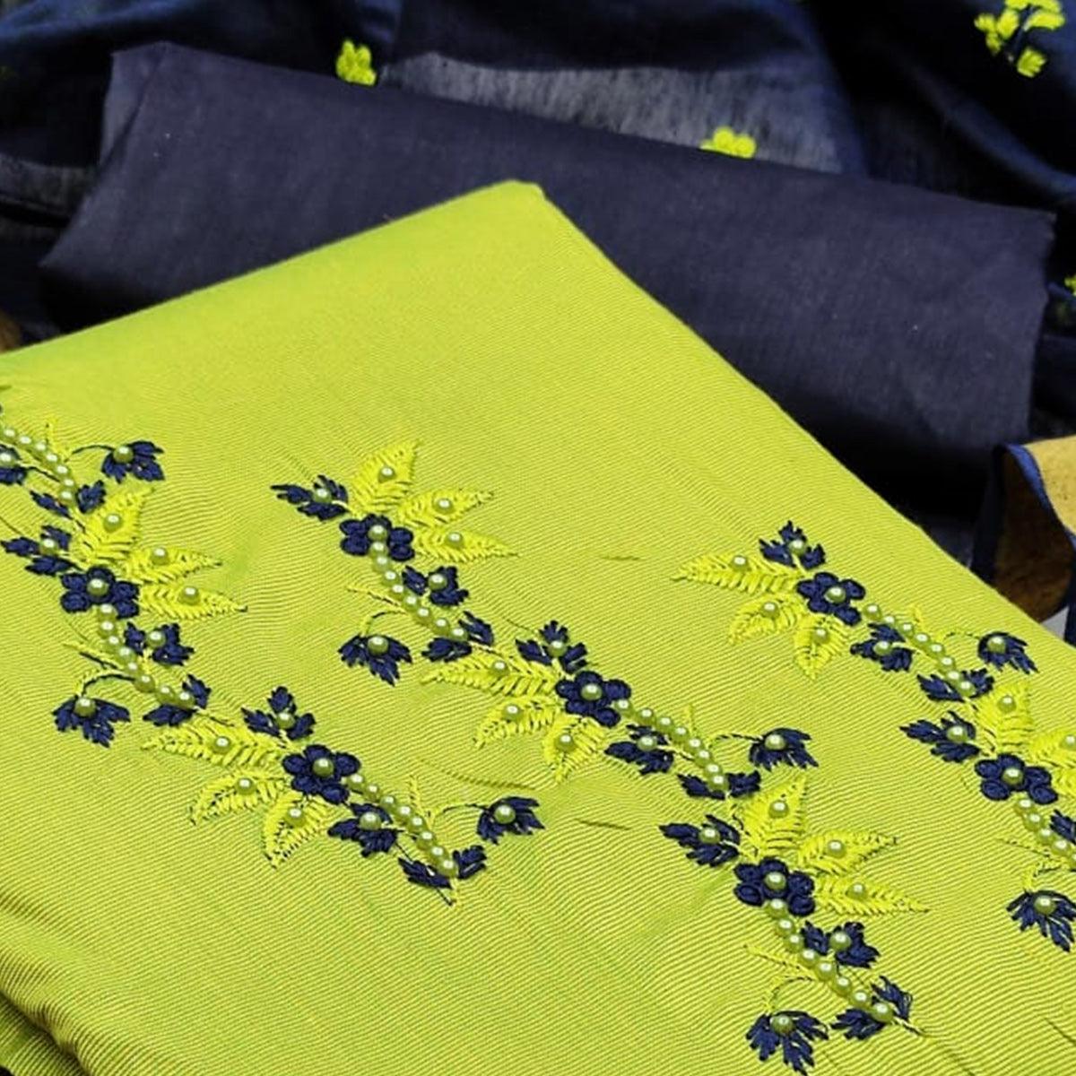 Innovative Mehendi Colored Casual Wear Embroidered Cotton Dress Material