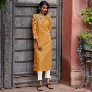 Innovative Mustard Yellow  Colored Casual Wear Embroidered Pure Cotton Kurti