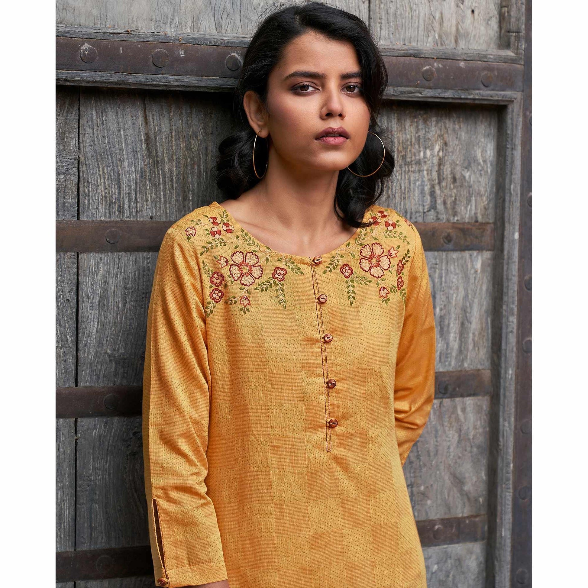 Innovative Mustard Yellow  Colored Casual Wear Embroidered Pure Cotton Kurti