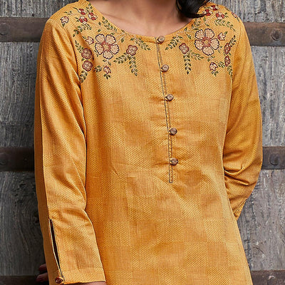 Innovative Mustard Yellow  Colored Casual Wear Embroidered Pure Cotton Kurti