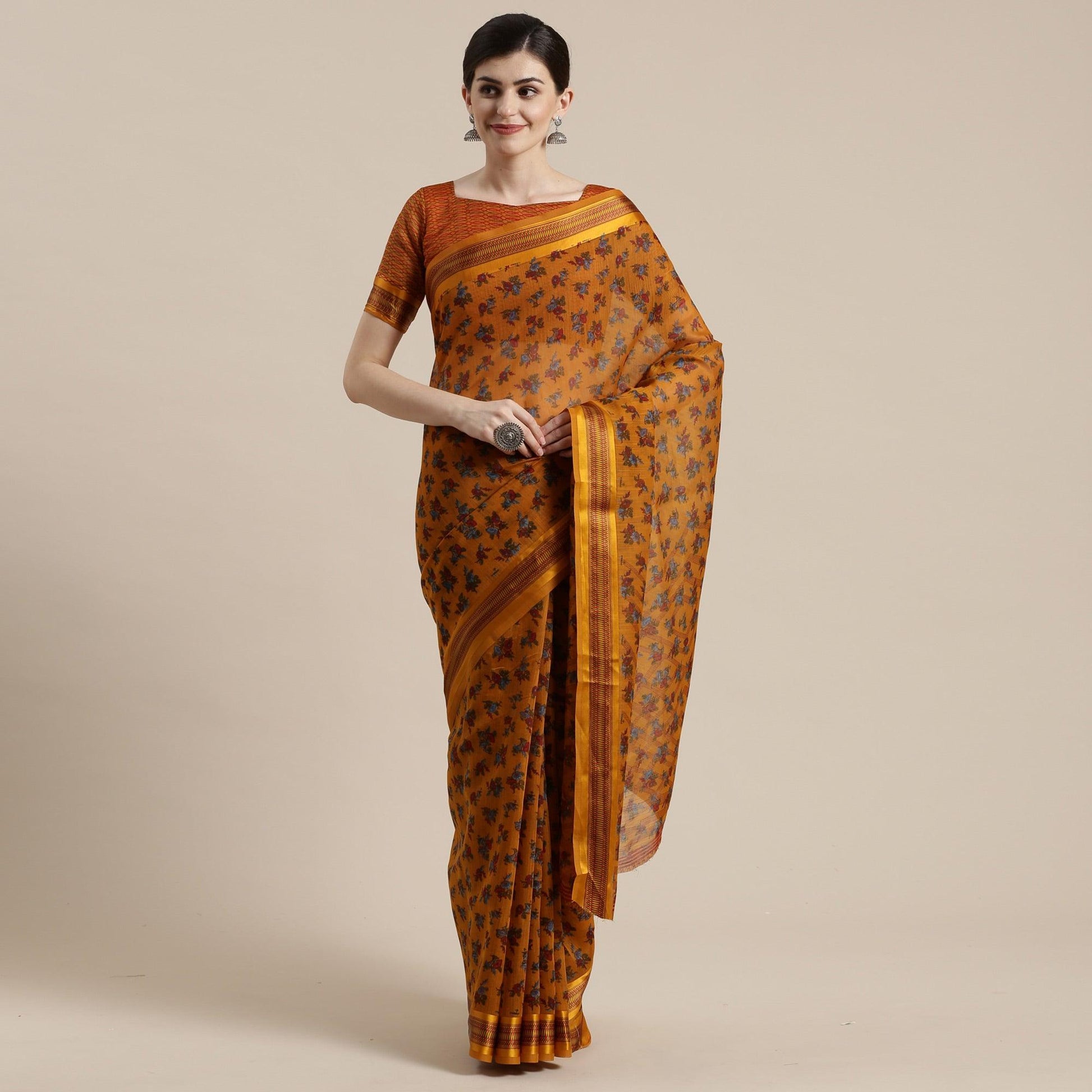 Innovative Mustard Yellow Colored Casual Wear Floral Printed Cotton Silk Saree