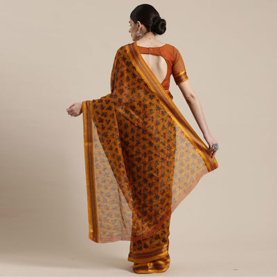 Innovative Mustard Yellow Colored Casual Wear Floral Printed Cotton Silk Saree